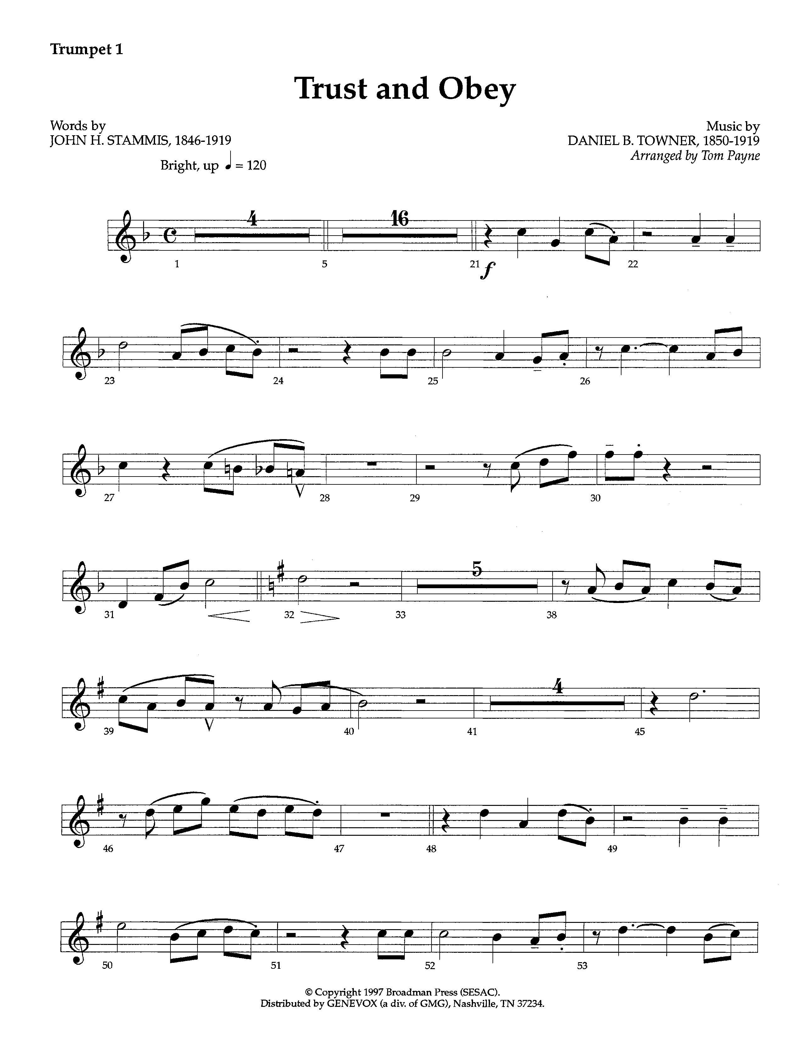 Trust And Obey (Instrumental) Trumpet 1 (Lifeway Worship / Arr. Tom Payne)