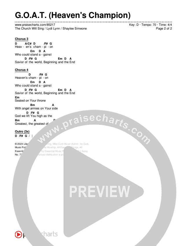 G.O.A.T. (Heaven's Champion) Chords & Lyrics (The Church Will Sing / Lydi Lynn / Shaylee Simeone)