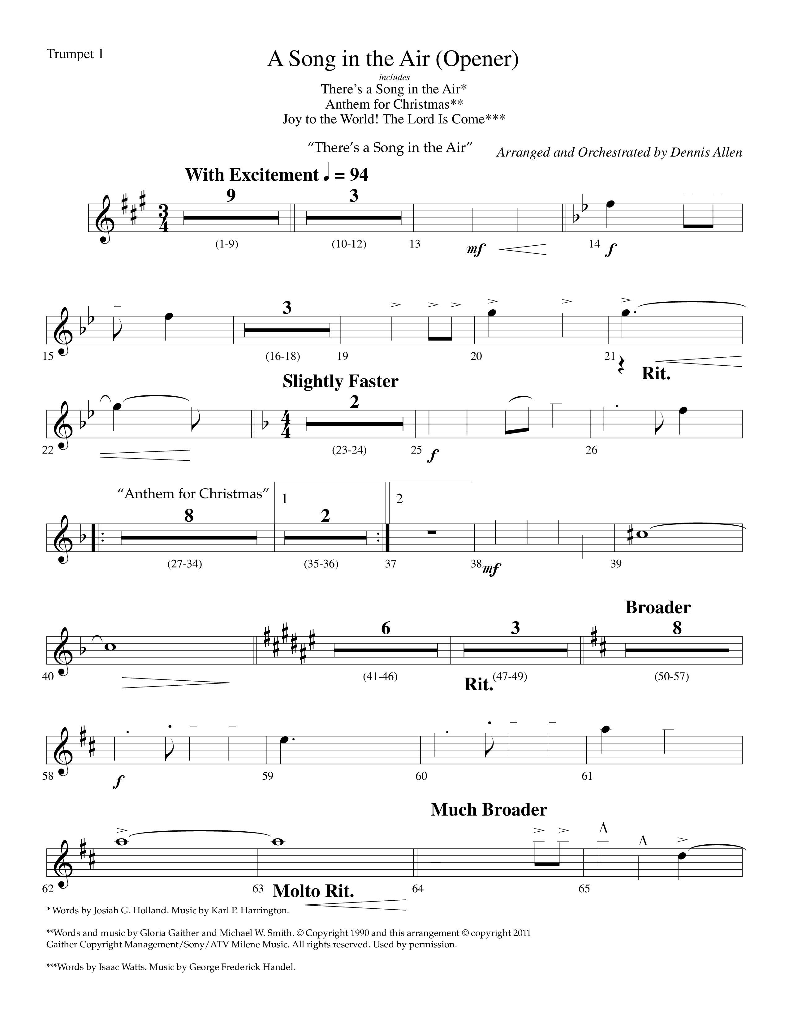 A Song In The Air (Opener) (with There's A Song In The Air, Anthem For Christmas, Joy To The World) (Choral Anthem SATB) Trumpet 1 (Lifeway Choral / Arr. Dennis Allen)