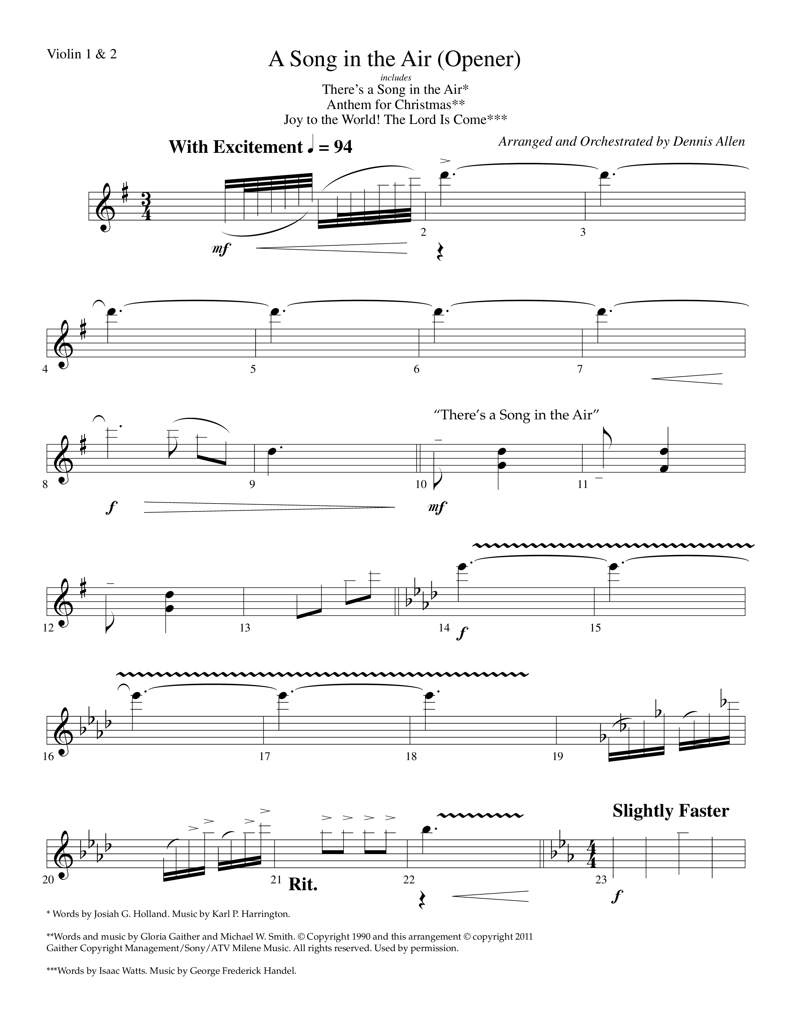 A Song In The Air (Opener) (with There's A Song In The Air, Anthem For Christmas, Joy To The World) (Choral Anthem SATB) Violin 1/2 (Lifeway Choral / Arr. Dennis Allen)