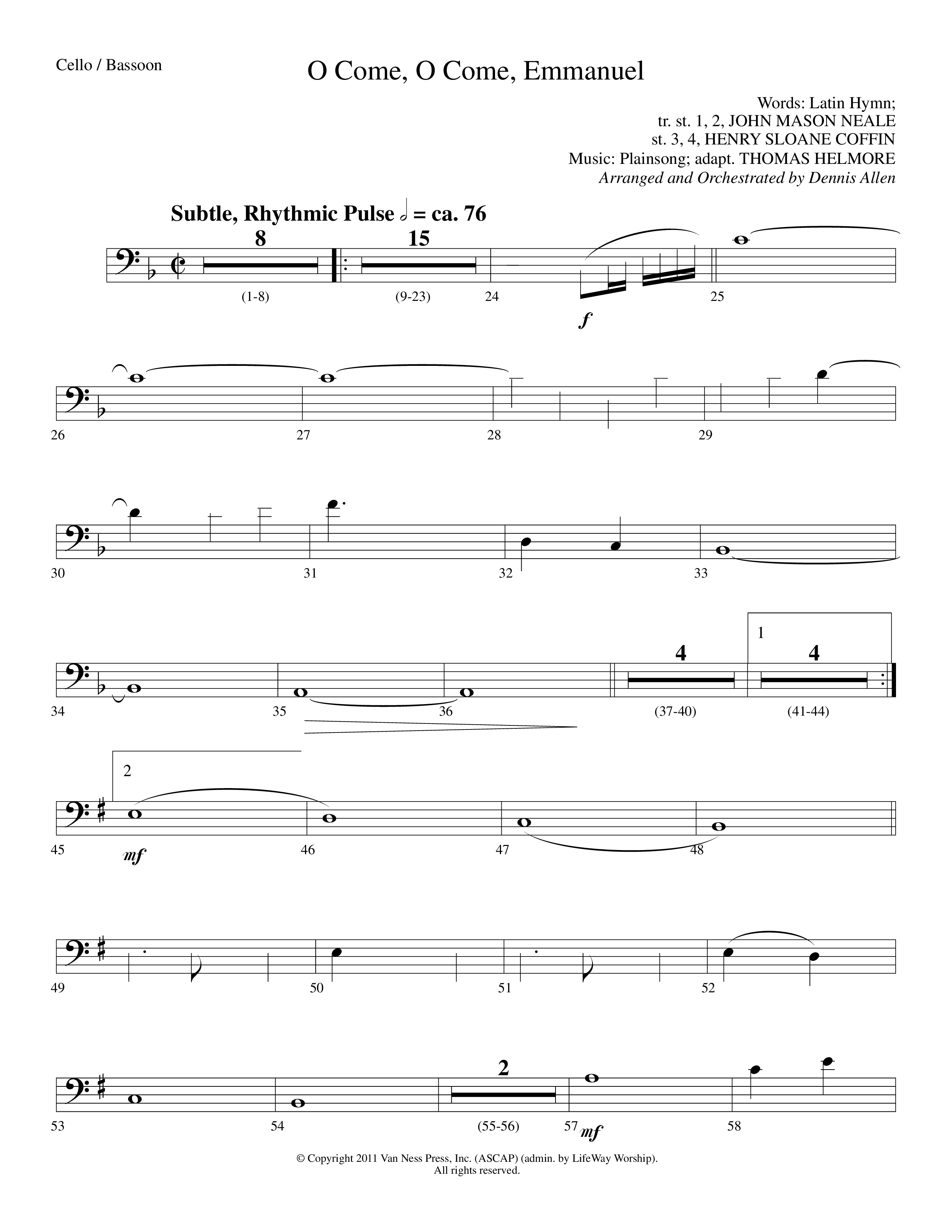 O Come O Come Emmanuel (Choral Anthem SATB) Cello (Lifeway Worship / Arr. Dennis Allen)