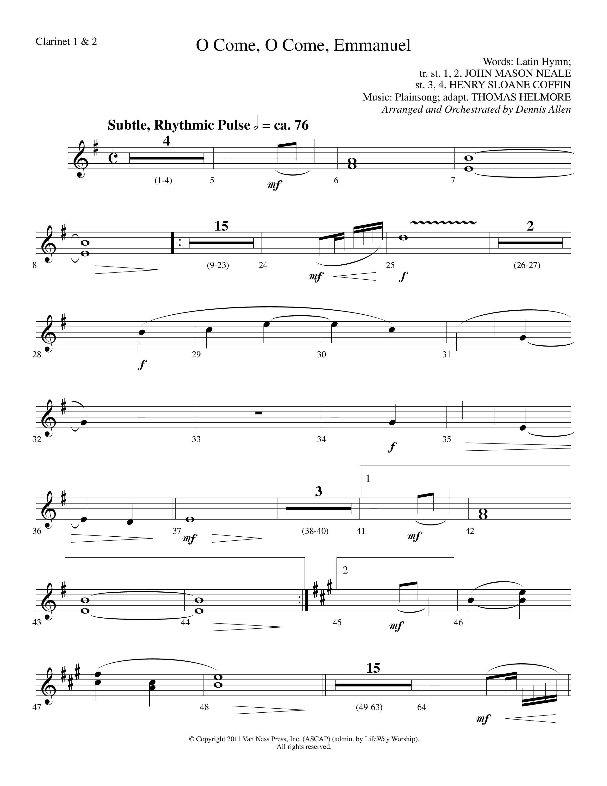 O Come O Come Emmanuel (Choral Anthem SATB) Clarinet 1/2 (Lifeway Worship / Arr. Dennis Allen)
