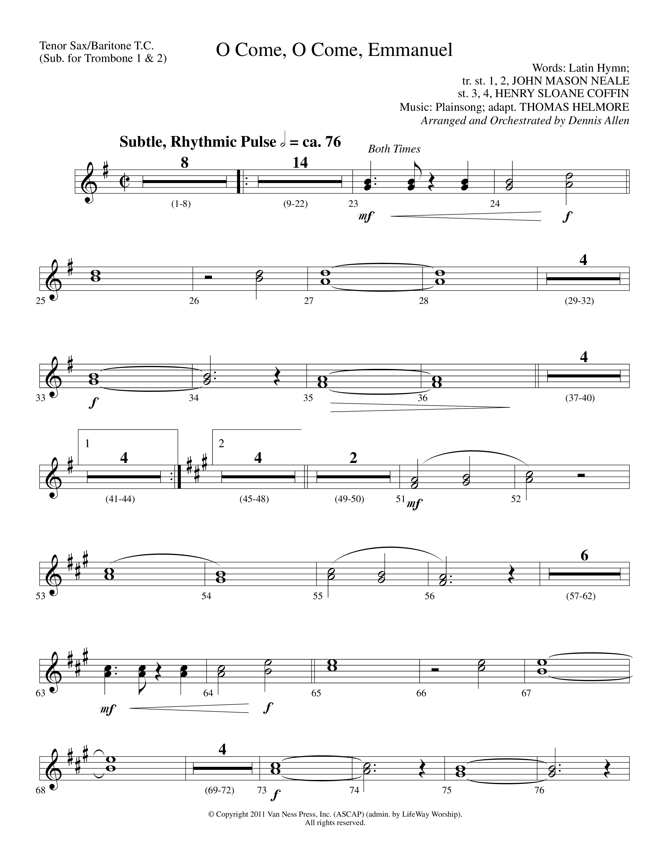 O Come O Come Emmanuel (Choral Anthem SATB) Tenor Sax/Baritone T.C. (Lifeway Worship / Arr. Dennis Allen)