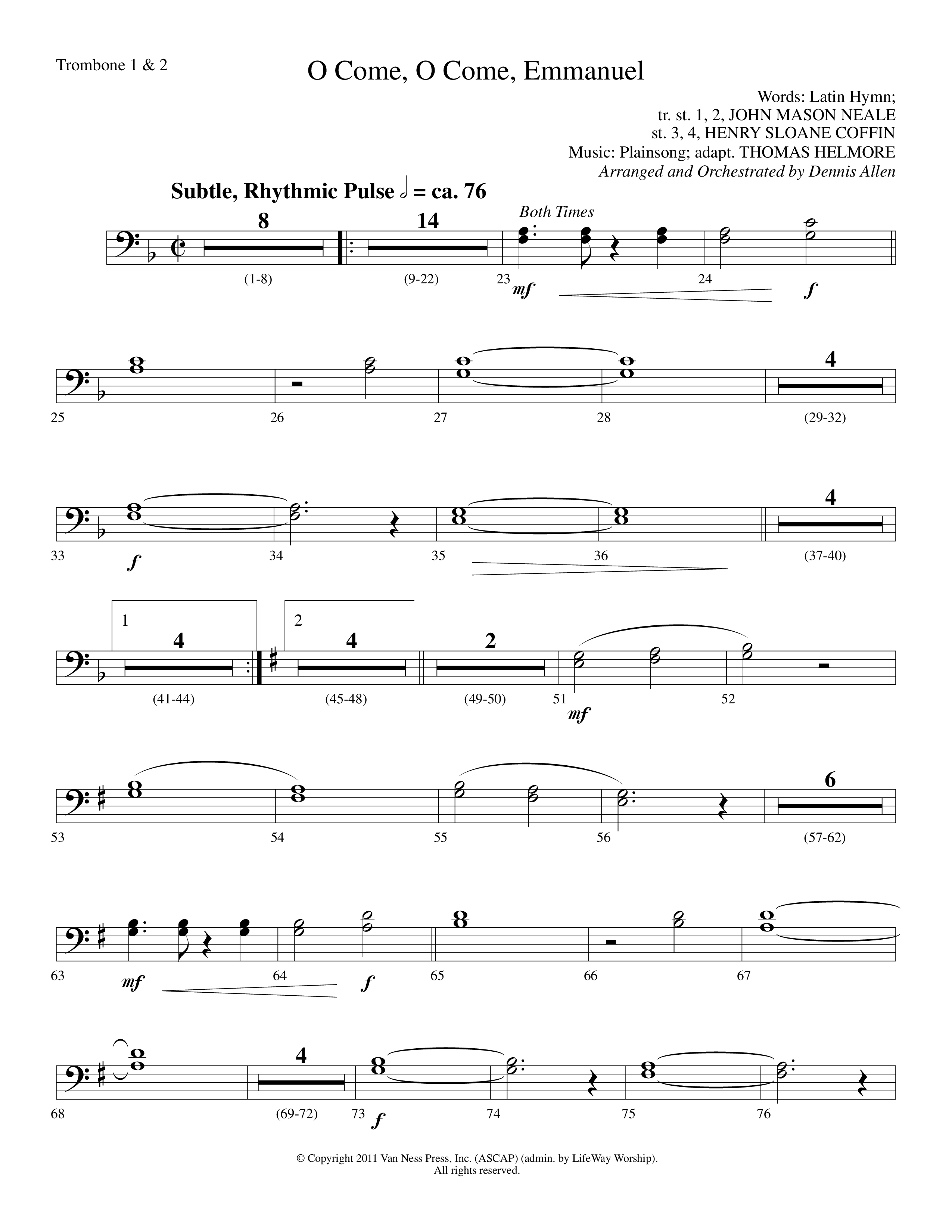 O Come O Come Emmanuel (Choral Anthem SATB) Trombone 1/2 (Lifeway Worship / Arr. Dennis Allen)