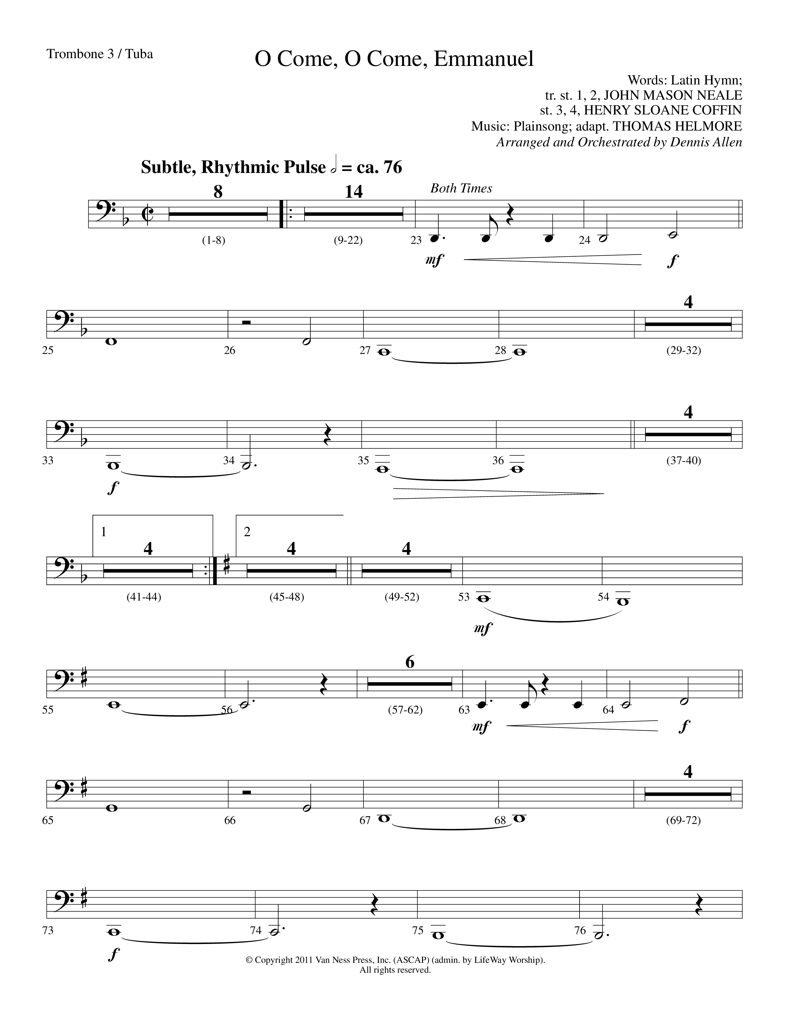 O Come O Come Emmanuel (Choral Anthem SATB) Trombone 3/Tuba (Lifeway Worship / Arr. Dennis Allen)
