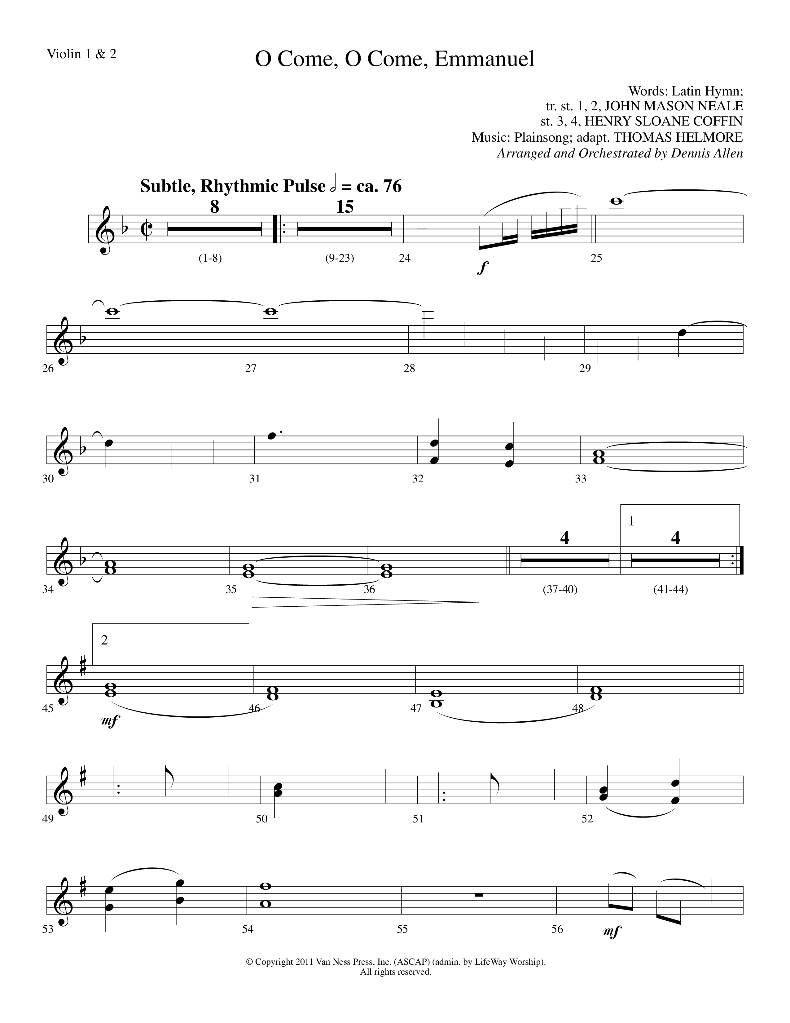 O Come O Come Emmanuel (Choral Anthem SATB) Violin 1/2 (Lifeway Worship / Arr. Dennis Allen)