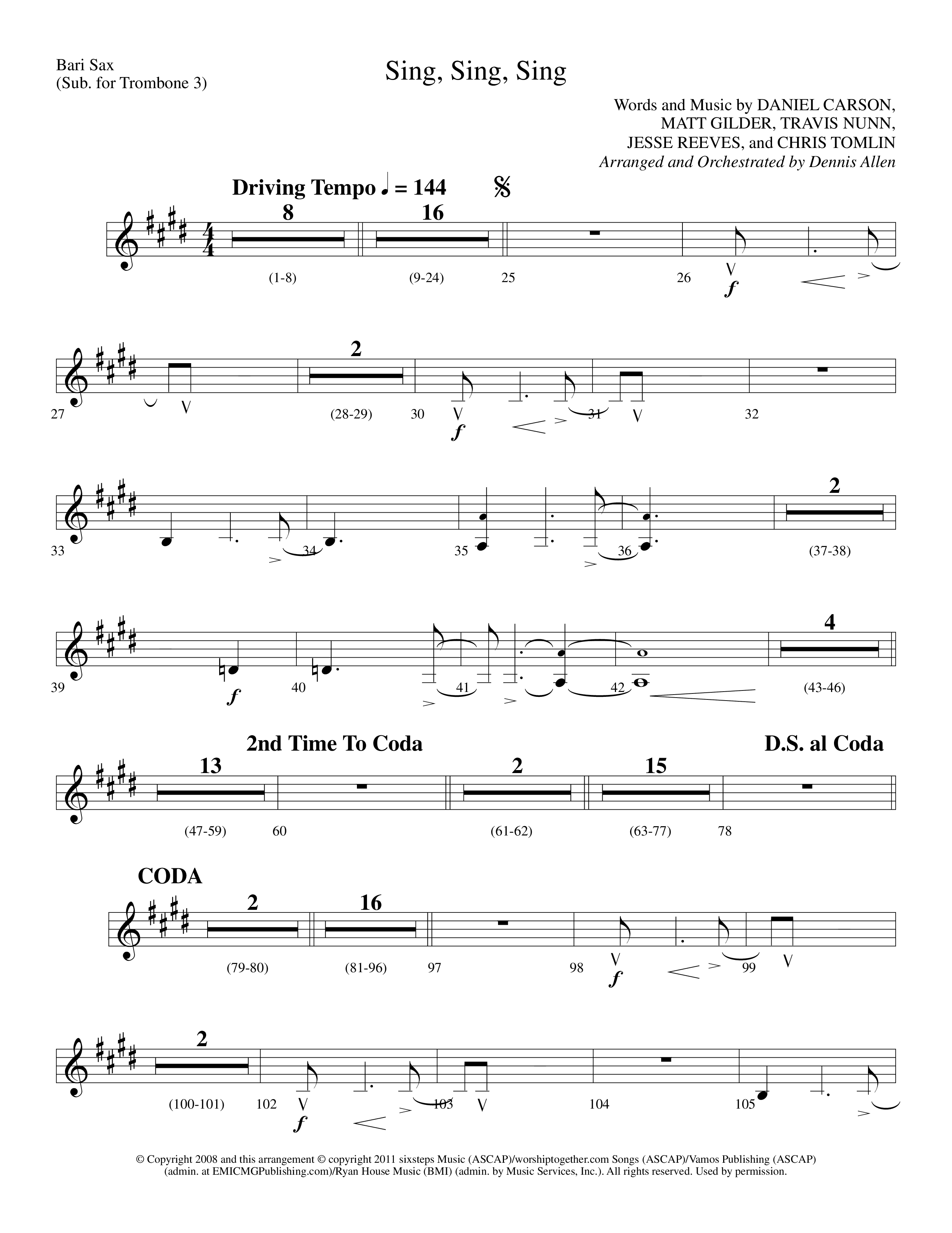 Sing Sing Sing (Choral Anthem SATB) Bari Sax (Lifeway Choral / Arr. Dennis Allen)