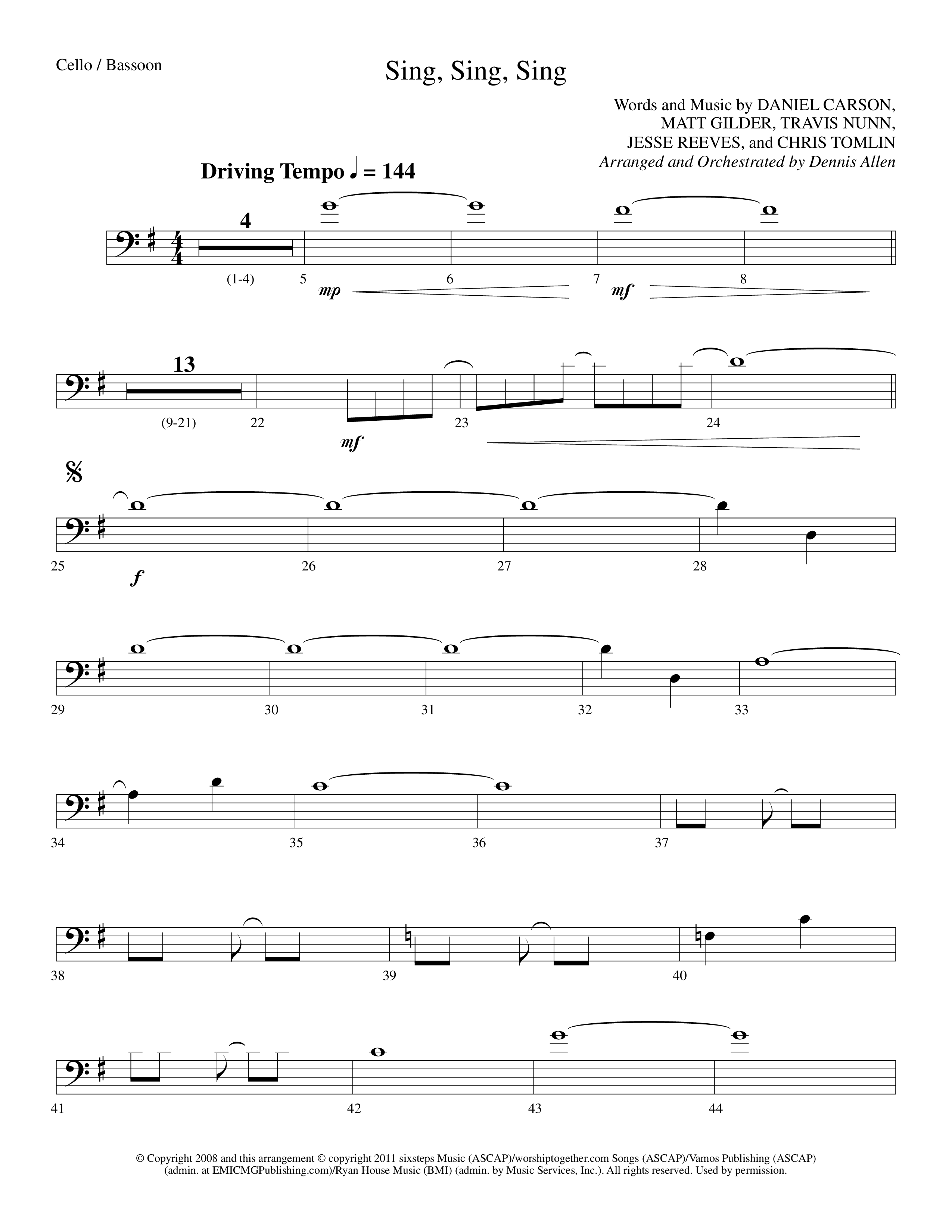 Sing Sing Sing (Choral Anthem SATB) Cello (Lifeway Choral / Arr. Dennis Allen)