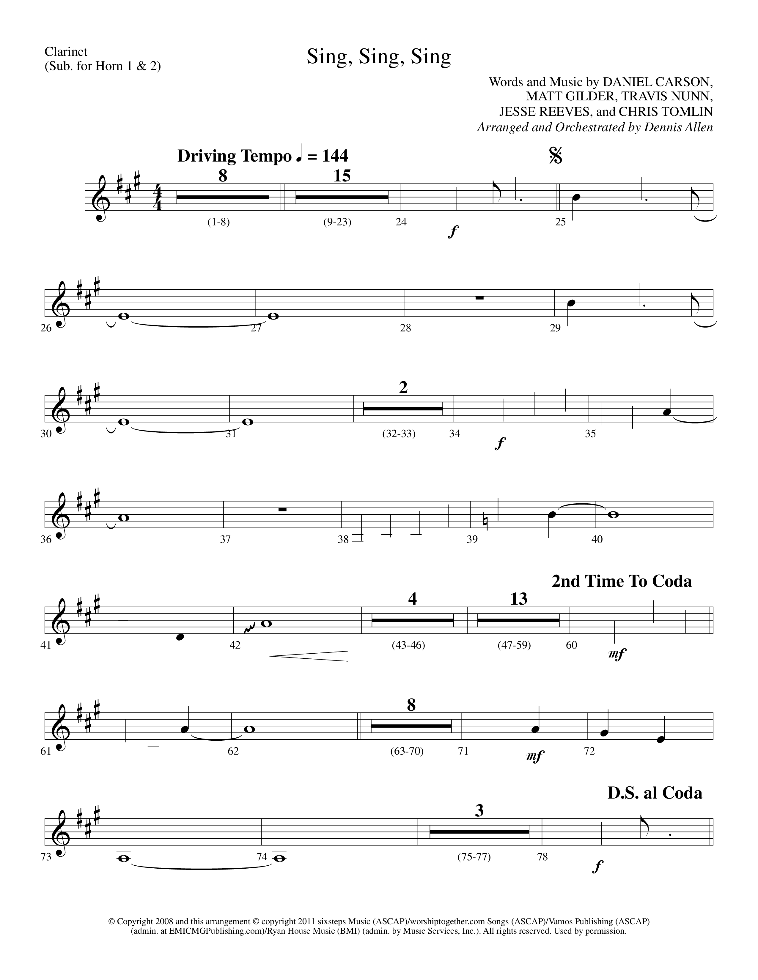 Sing Sing Sing (Choral Anthem SATB) Clarinet (Lifeway Choral / Arr. Dennis Allen)
