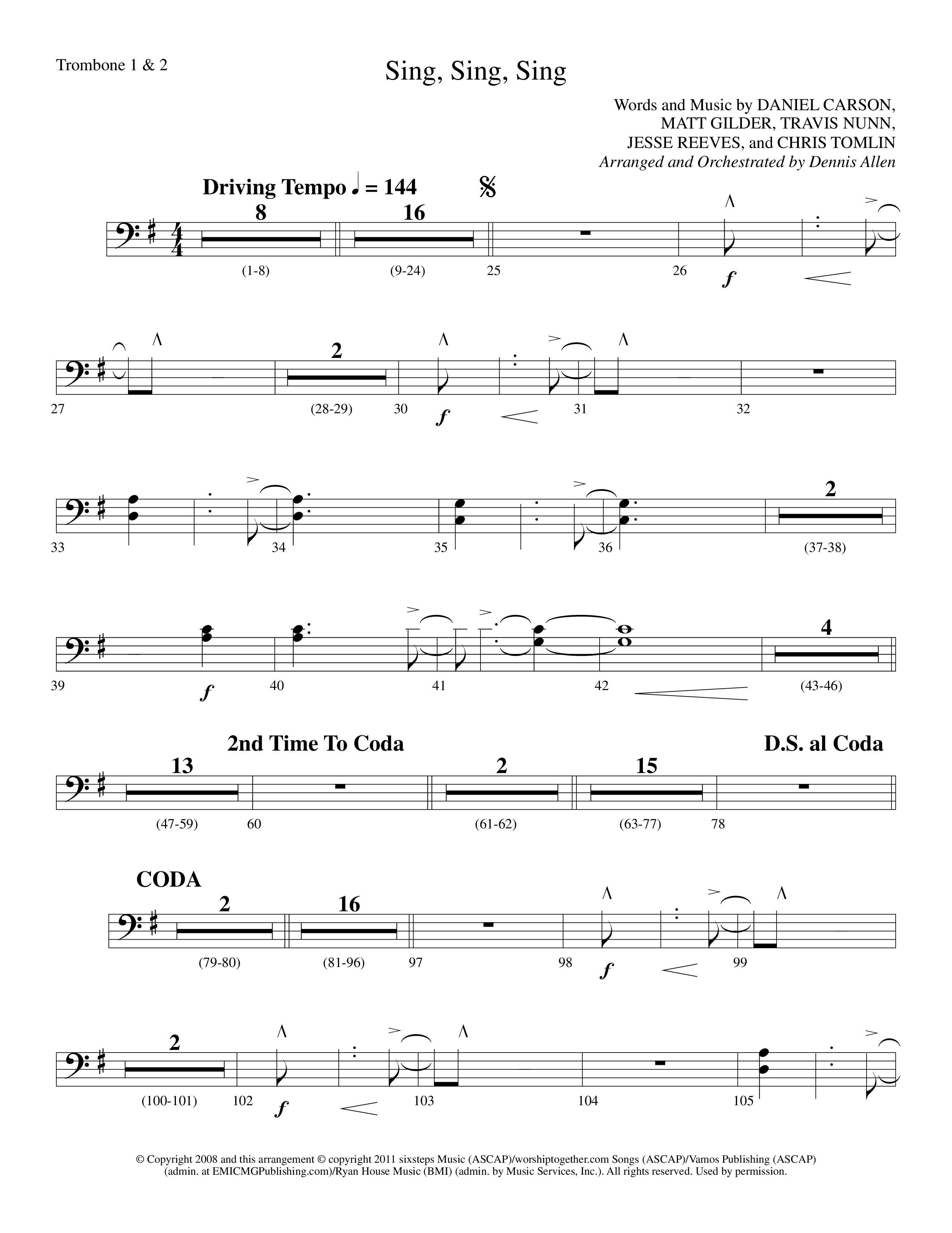 Sing Sing Sing (Choral Anthem SATB) Trombone 1/2 (Lifeway Choral / Arr. Dennis Allen)