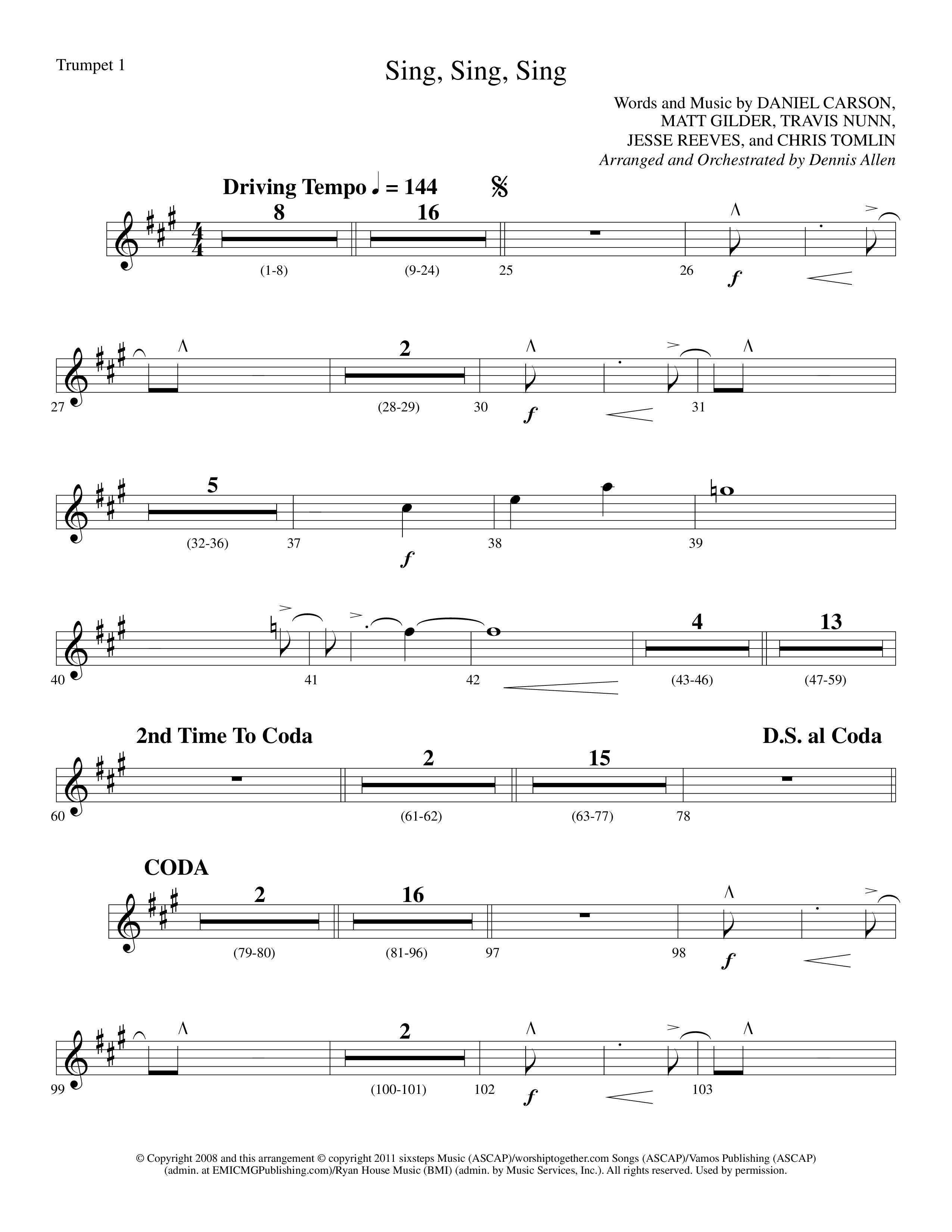 Sing Sing Sing (Choral Anthem SATB) Trumpet 1 (Lifeway Choral / Arr. Dennis Allen)
