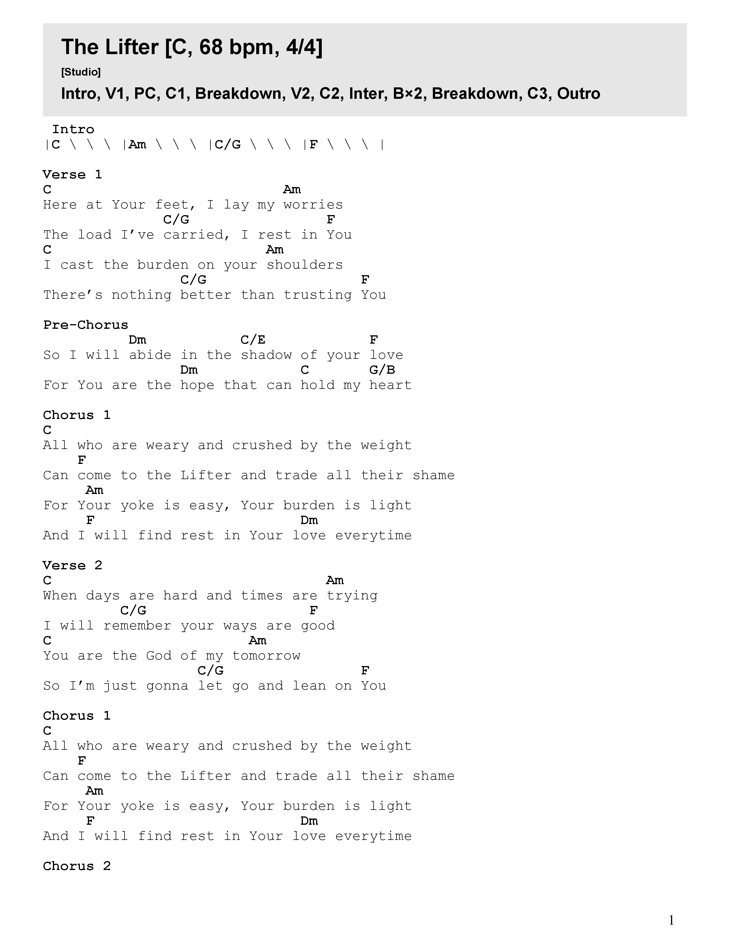 The Lifter Chord Chart (Faith Worship Arts)