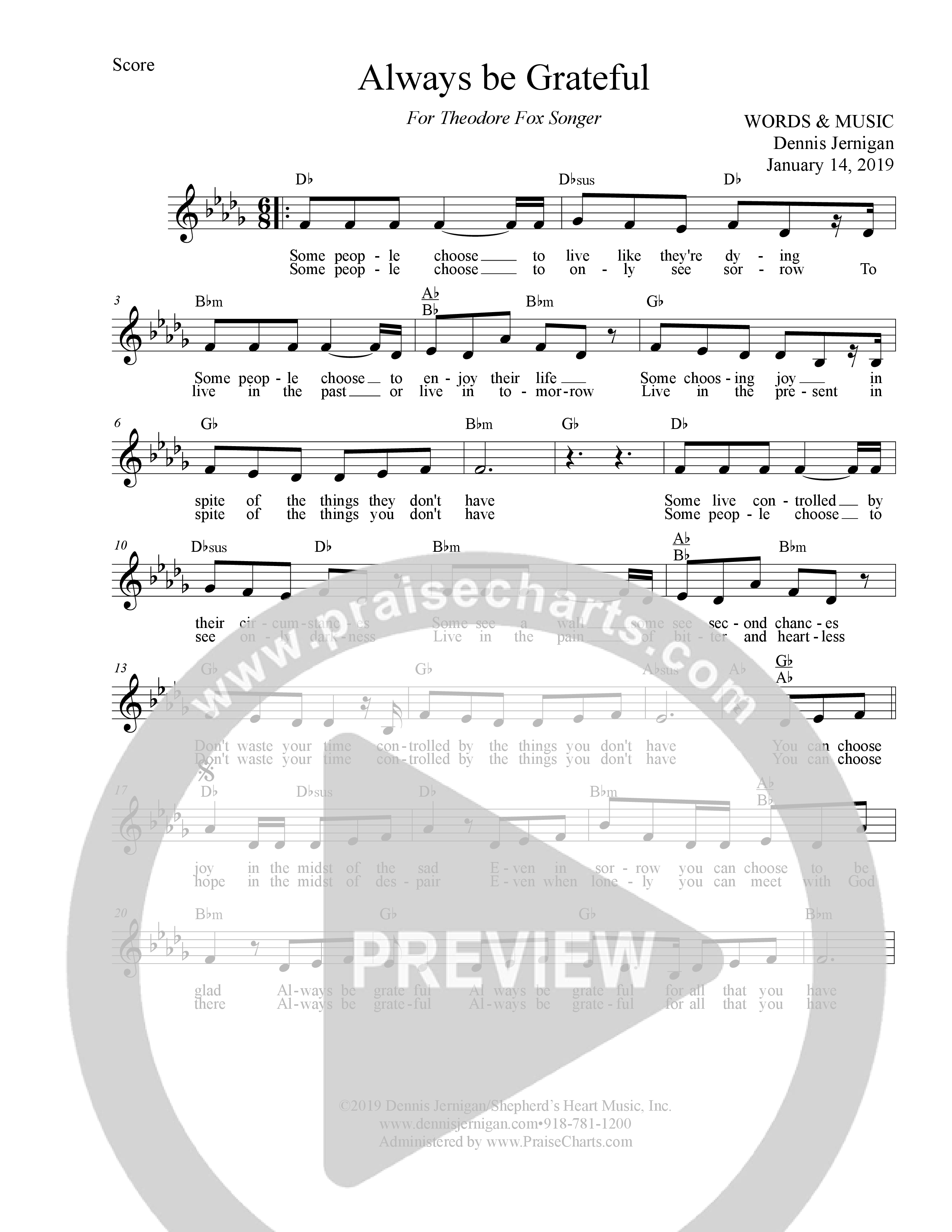 Always Be Grateful Lead Sheet Melody (Dennis Jernigan)