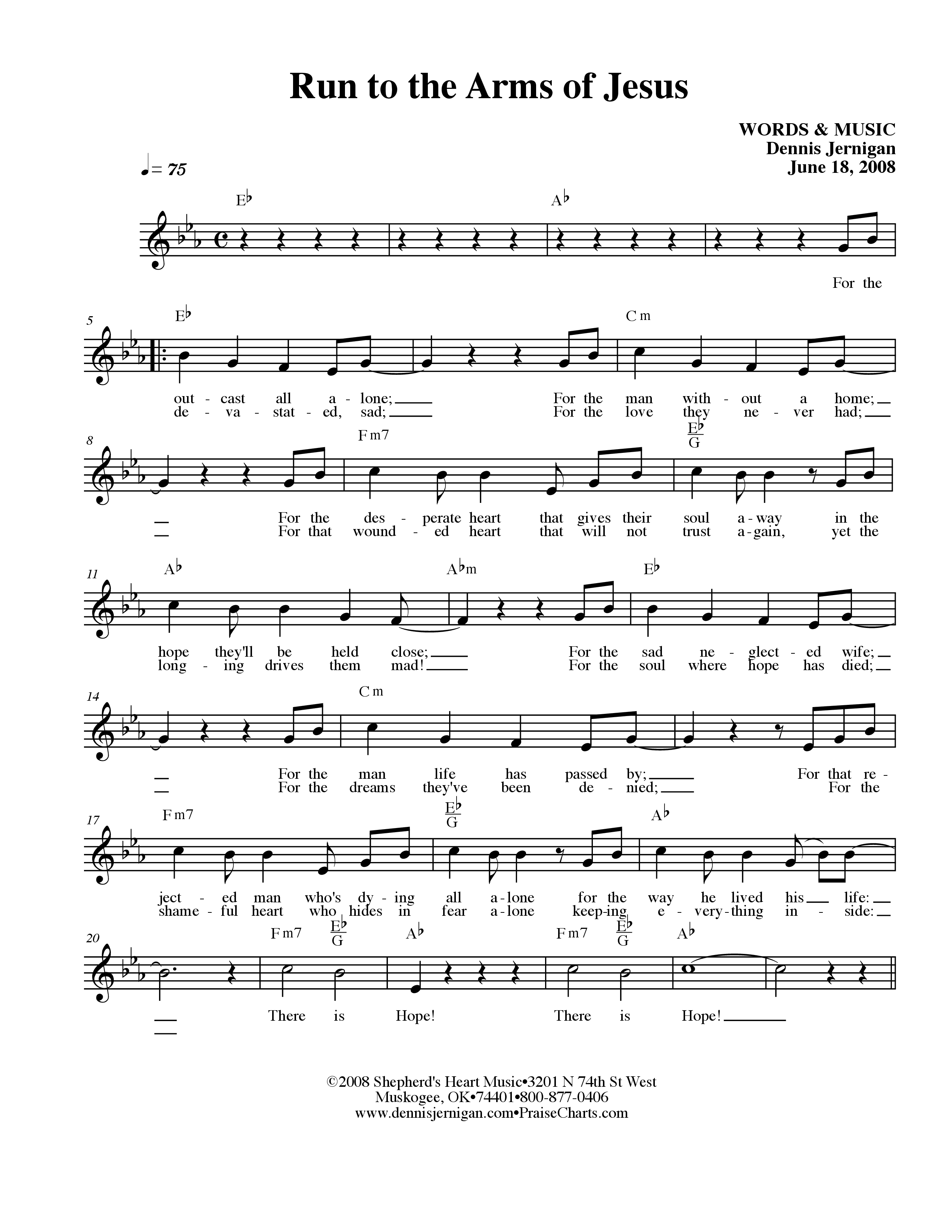 Run To The Arms Of Jesus Lead Sheet Melody (Dennis Jernigan)