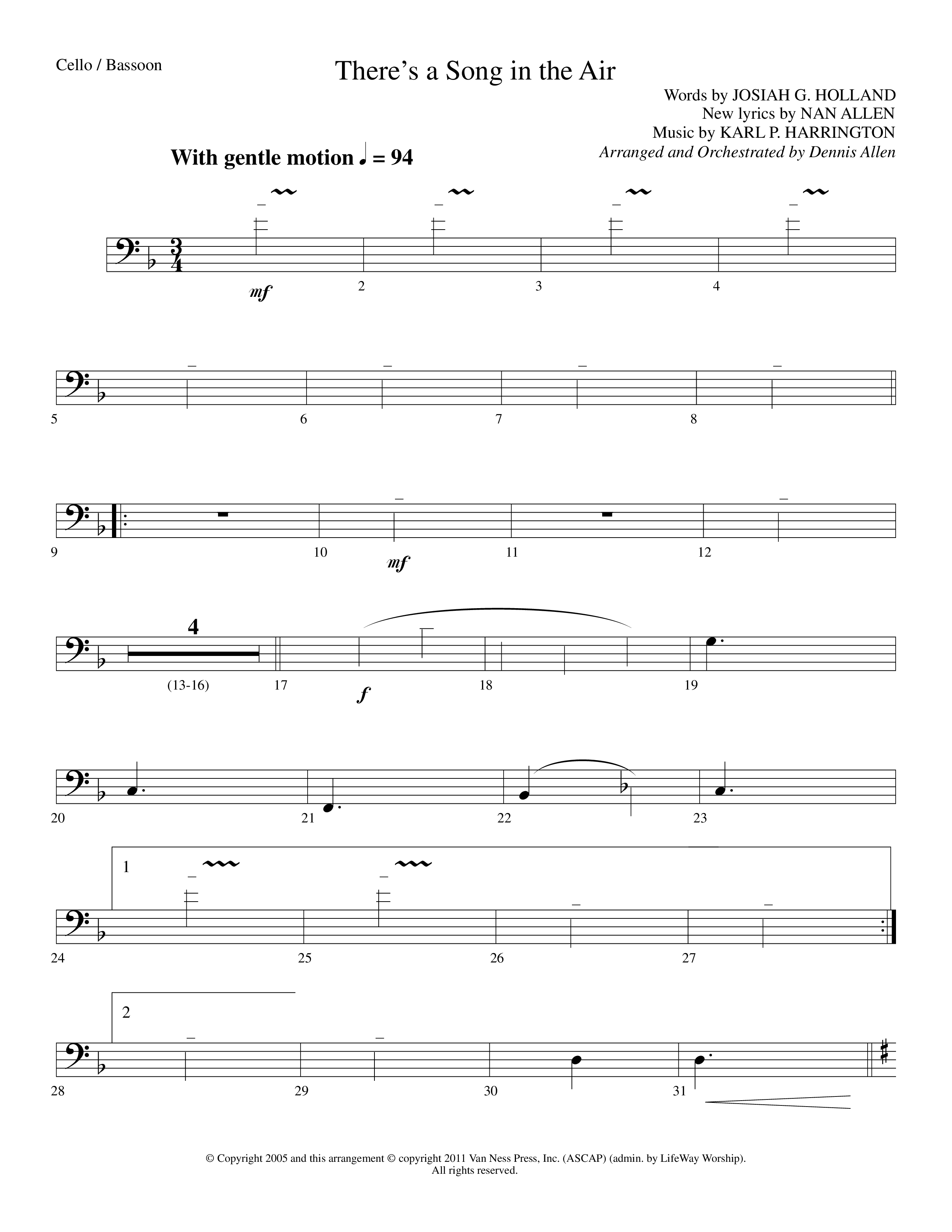There's A Song In The Air (Choral Anthem SATB) Cello (Lifeway Choral / Arr. Dennis Allen)