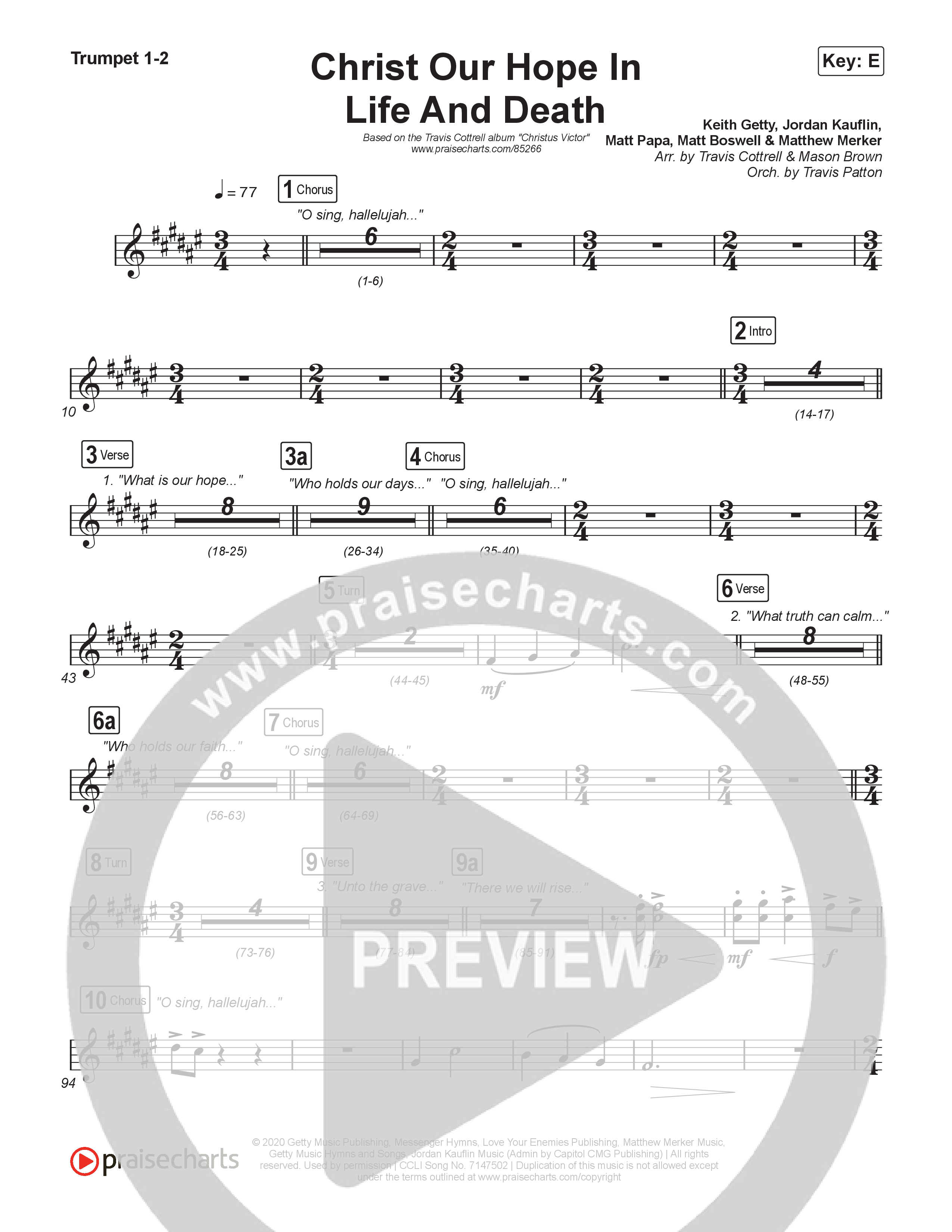 Christ Our Hope In Life And Death (Choral/SATB) Trumpet 1,2 (Travis Cottrell / Arr. Mason Brown / Orch. Travis Patton)