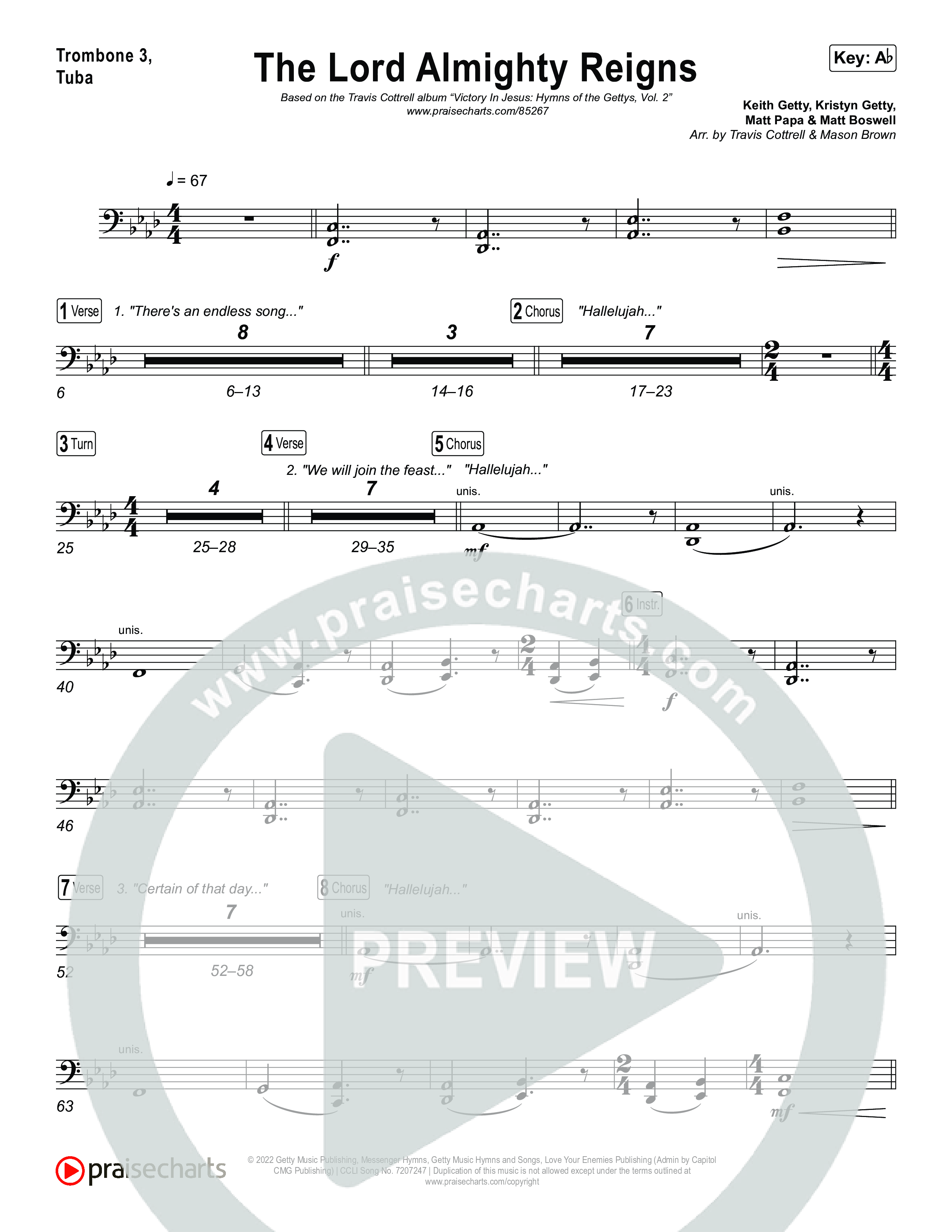 The Lord Almighty Reigns (Choral/SATB) Trombone 1,2 (Travis Cottrell / Brooke Voland / Arr. Mason Brown)