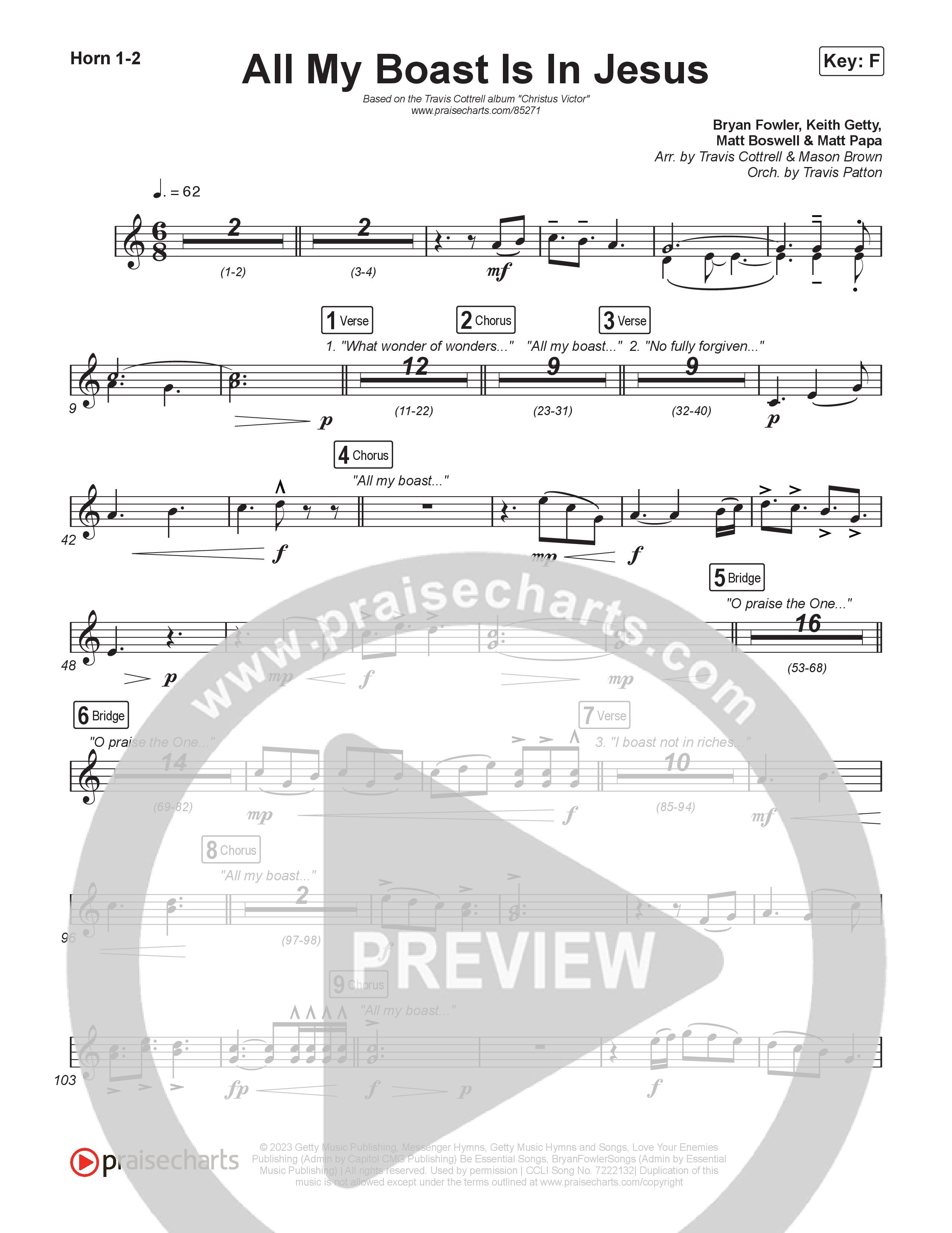 All My Boast Is In Jesus (Choral/SATB) French Horn 1,2 (Travis Cottrell / Arr. Mason Brown / Orch. Travis Patton)