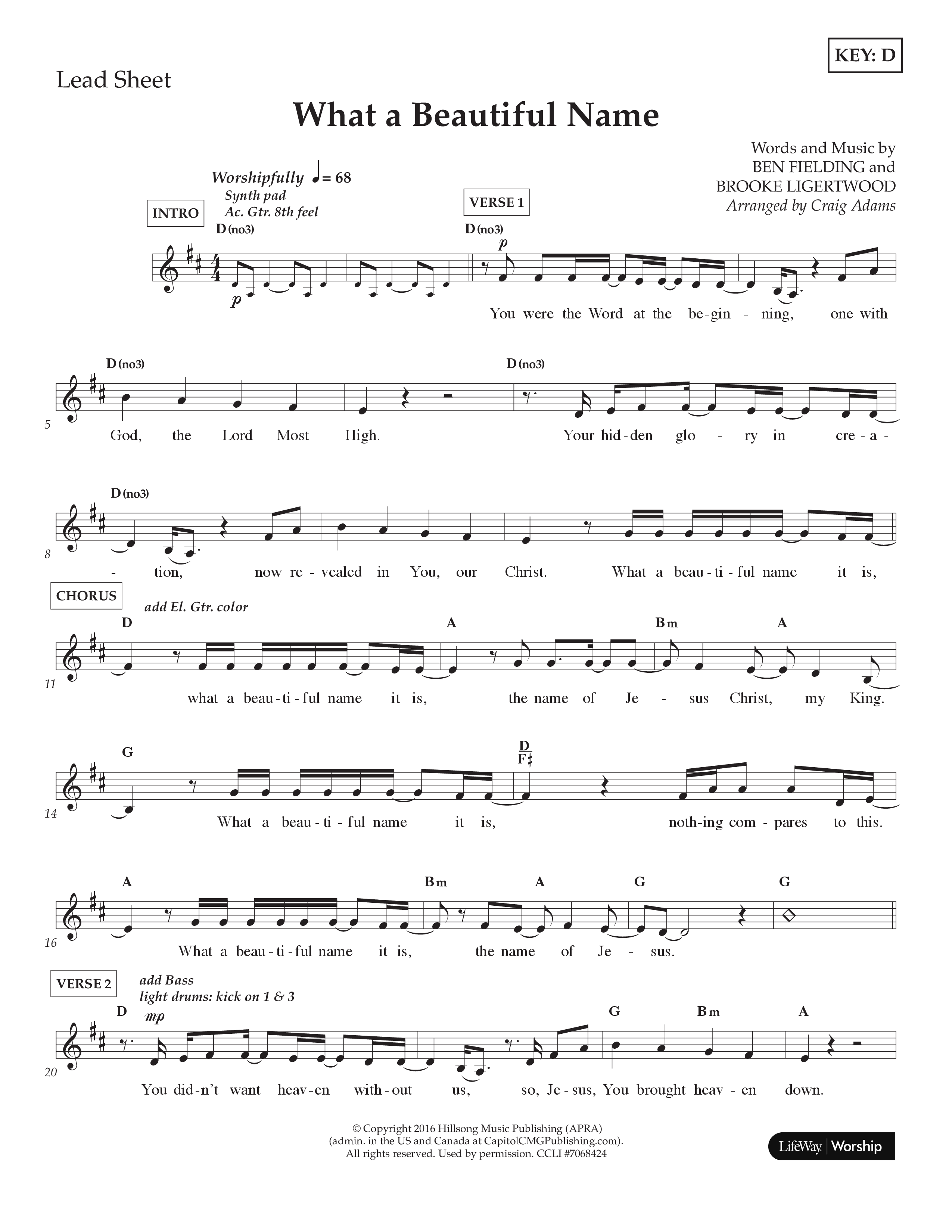 What A Beautiful Name (Kids) Lead Sheet (2-Part) (Lifeway Choral / Arr. Craig Adams)