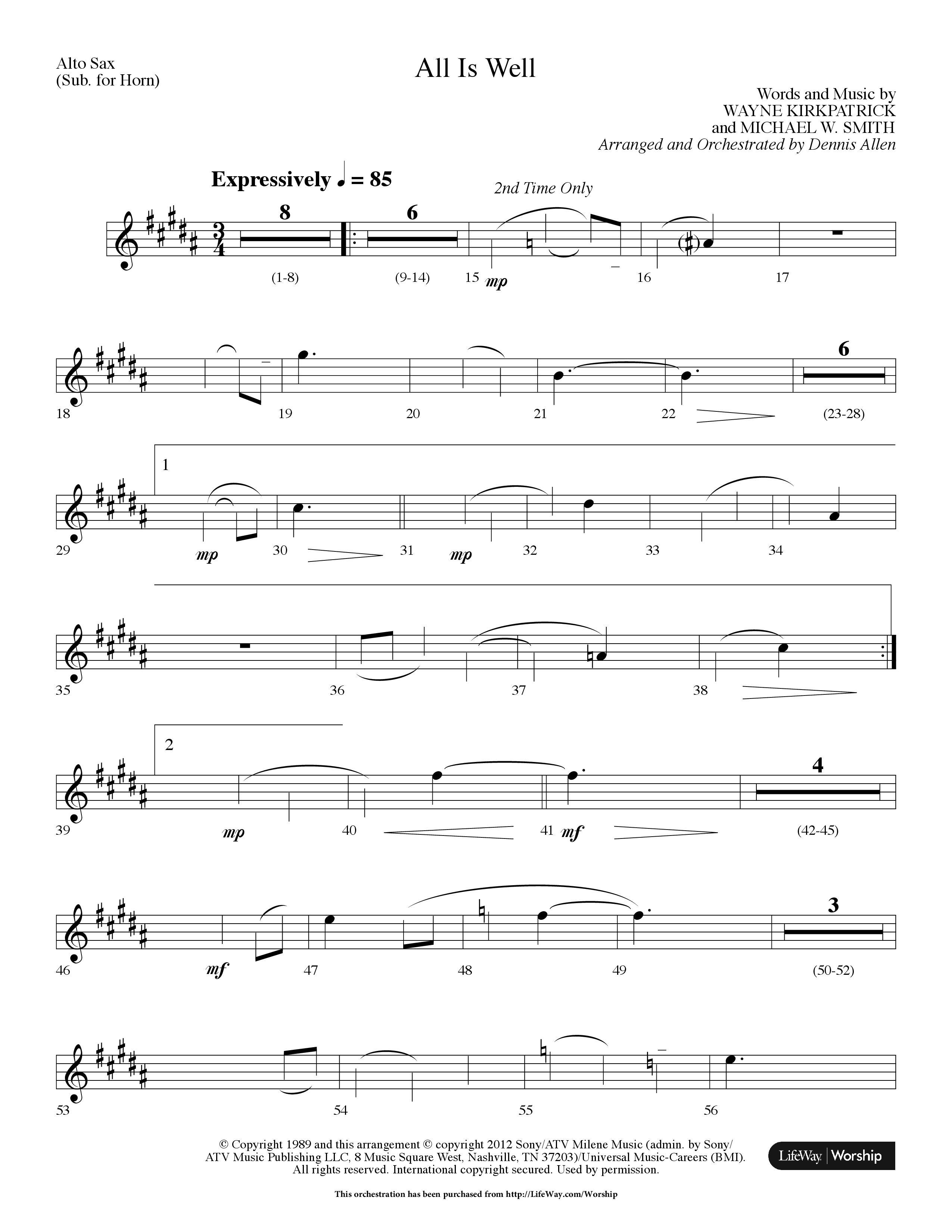 All Is Well (Choral Anthem SATB) Alto Sax (Lifeway Choral / Arr. Dennis Allen)