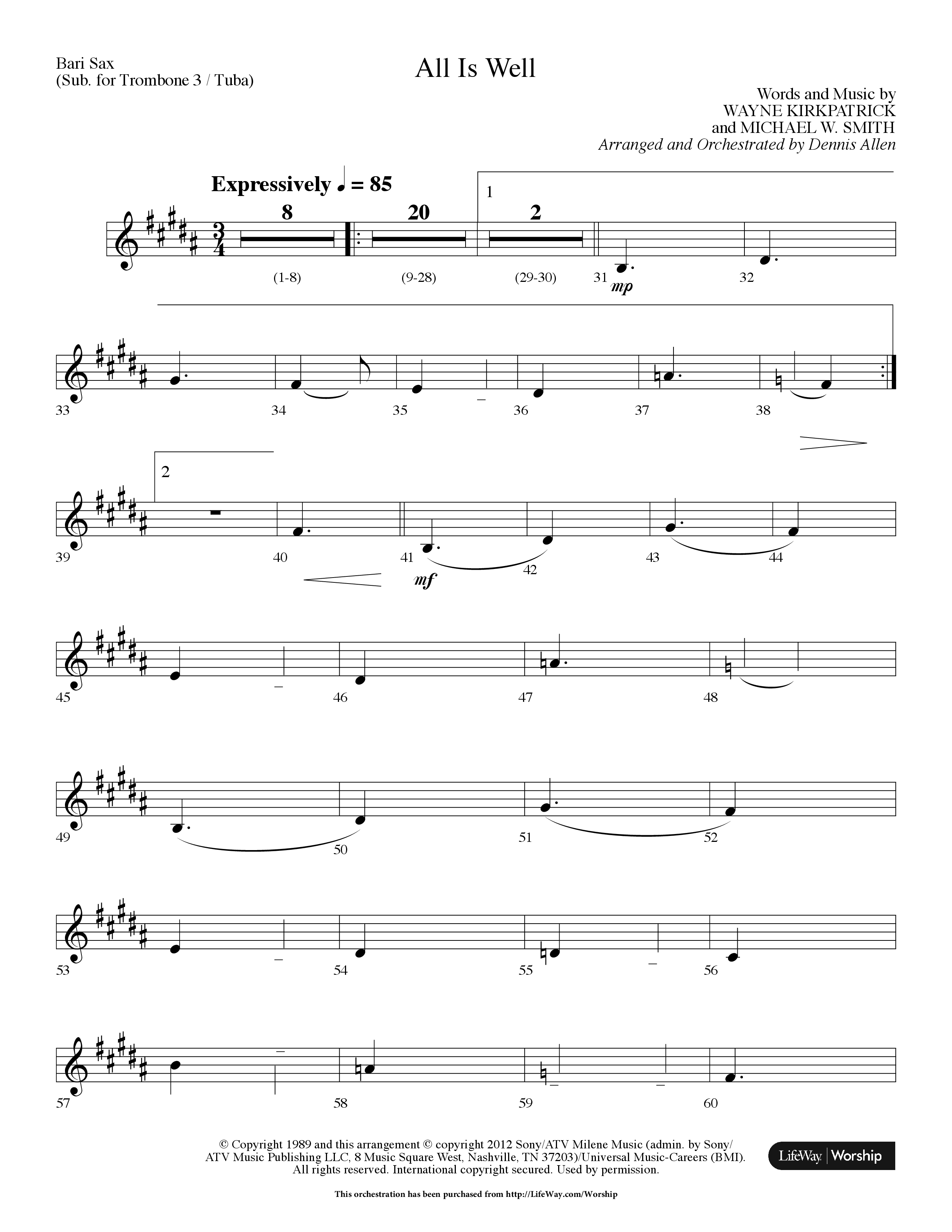 All Is Well (Choral Anthem SATB) Bari Sax (Lifeway Choral / Arr. Dennis Allen)