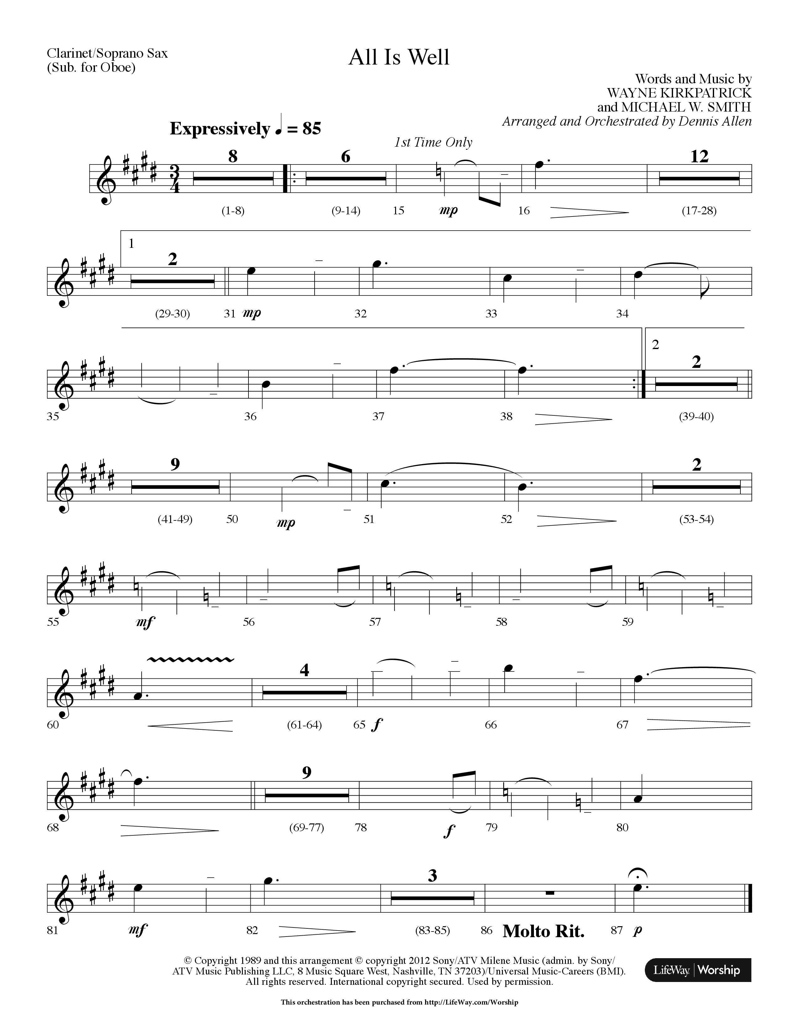 All Is Well (Choral Anthem SATB) Clarinet/Soprano Sax (Lifeway Choral / Arr. Dennis Allen)