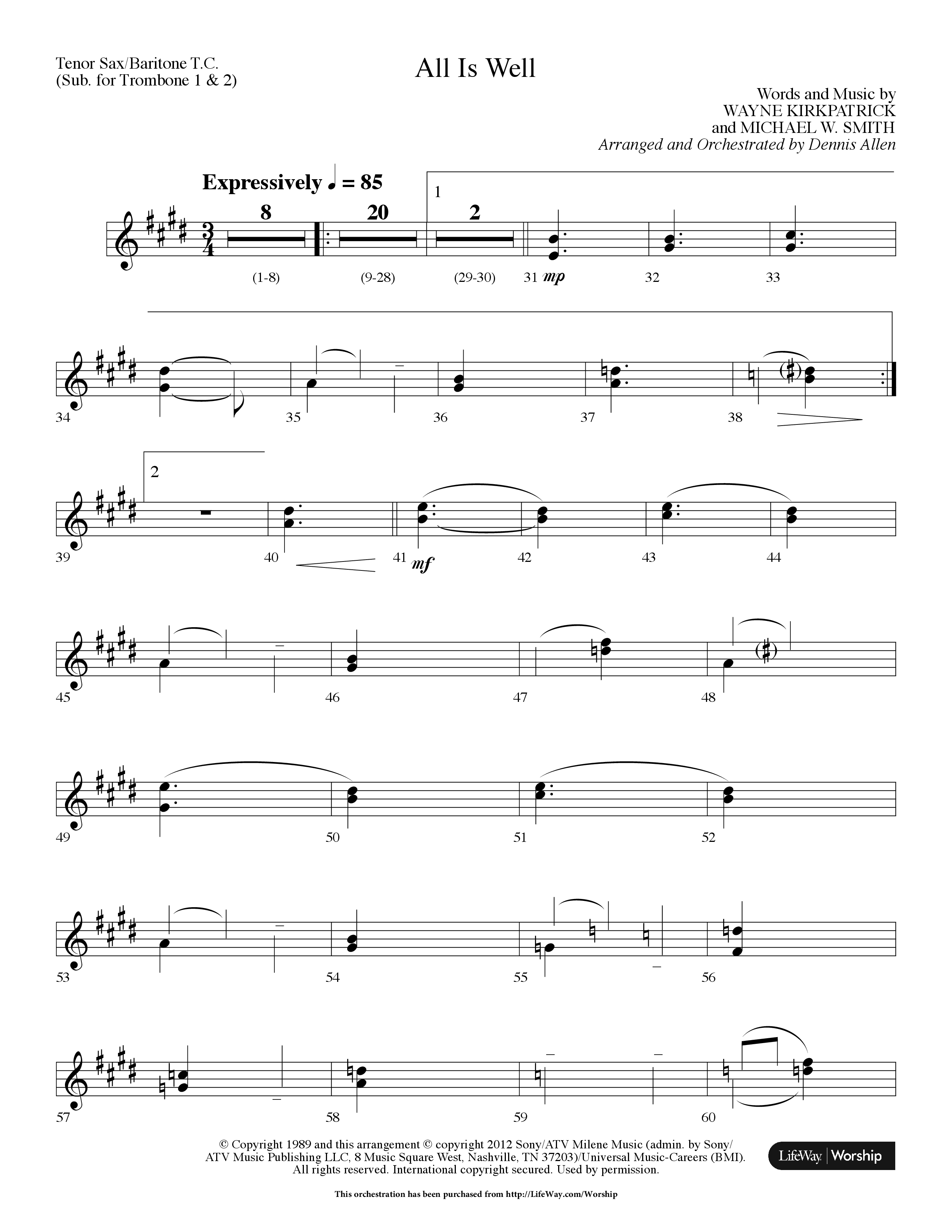 All Is Well (Choral Anthem SATB) Tenor Sax/Baritone T.C. (Lifeway Choral / Arr. Dennis Allen)