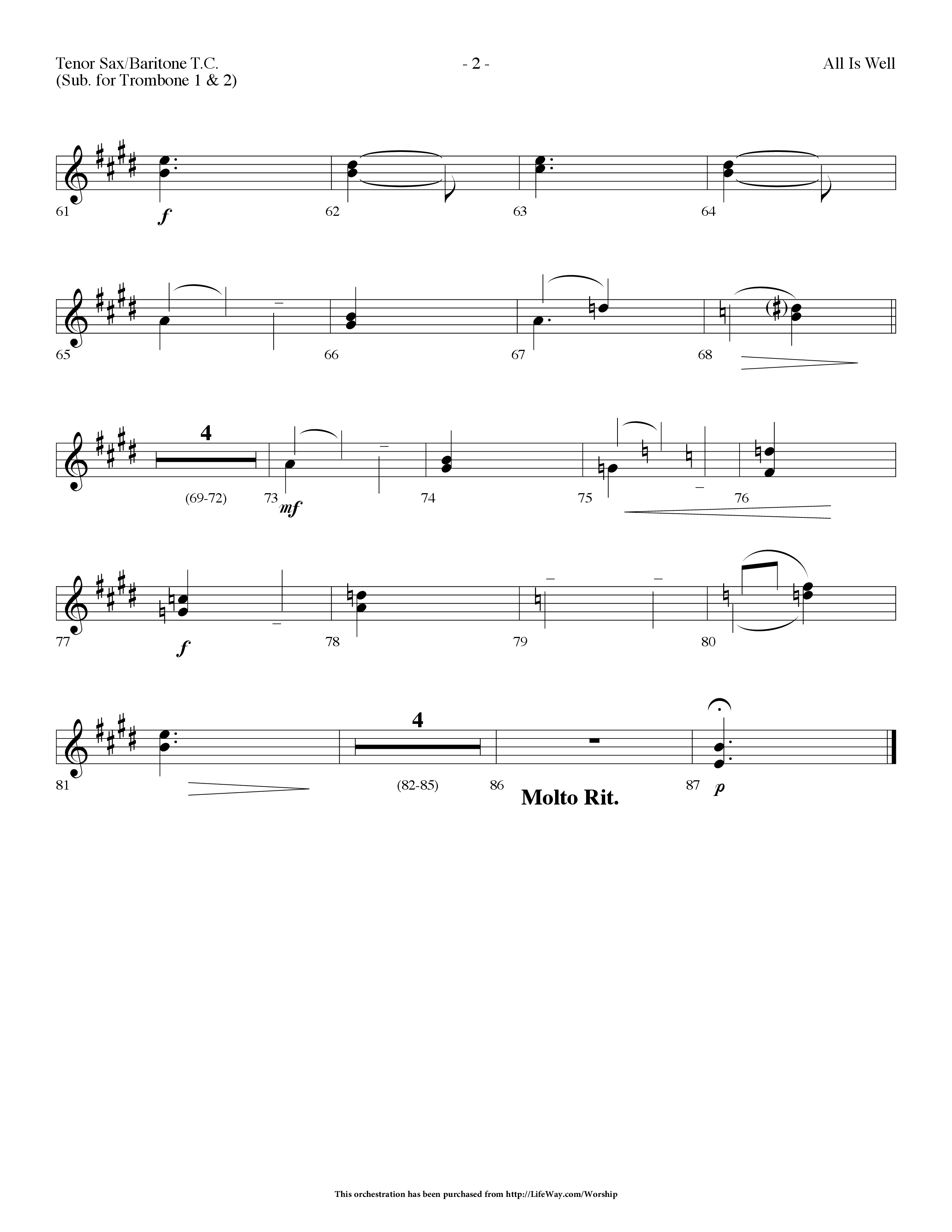 All Is Well (Choral Anthem SATB) Tenor Sax/Baritone T.C. (Lifeway Choral / Arr. Dennis Allen)