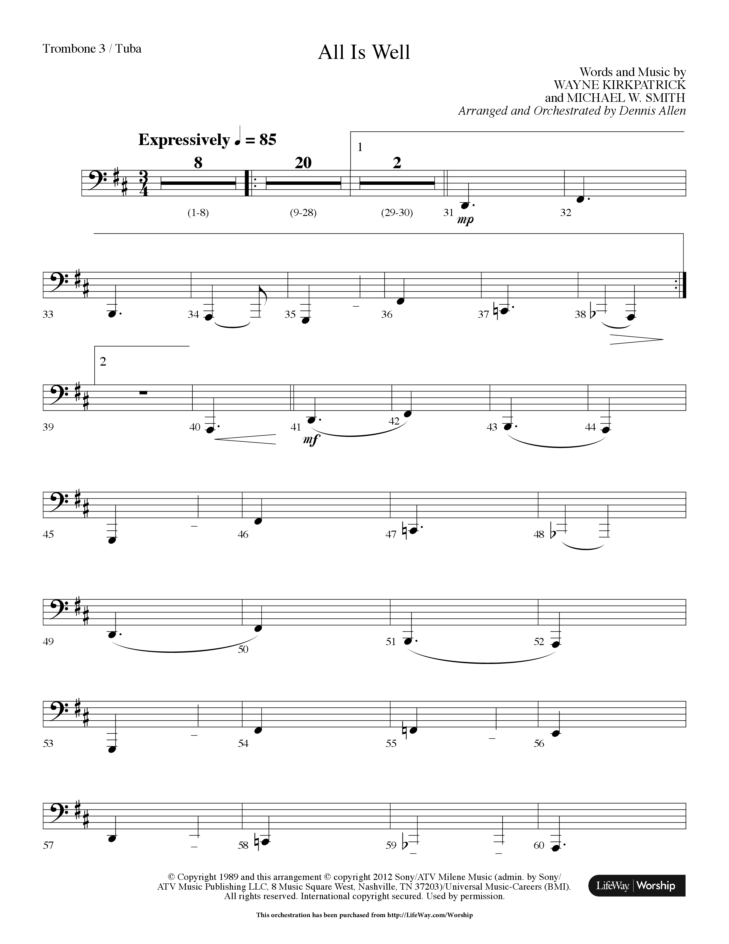 All Is Well (Choral Anthem SATB) Trombone 3/Tuba (Lifeway Choral / Arr. Dennis Allen)