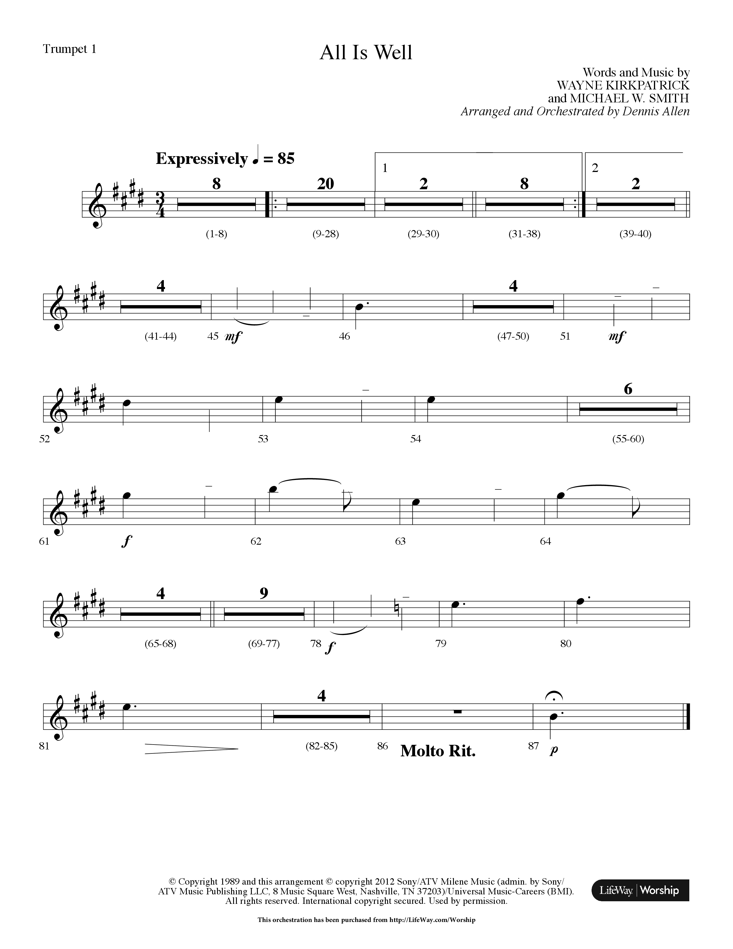 All Is Well (Choral Anthem SATB) Trumpet 1 (Lifeway Choral / Arr. Dennis Allen)