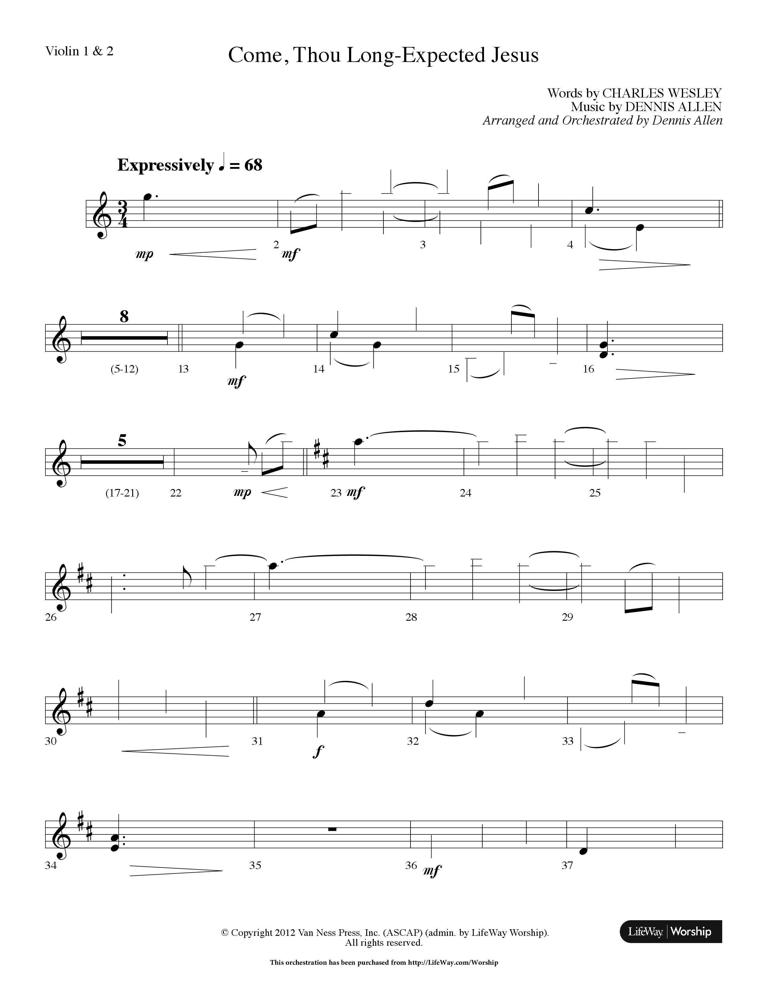 Come Thou Long Expected Jesus (Choral Anthem SATB) Violin 1/2 (Lifeway Choral / Arr. Dennis Allen)