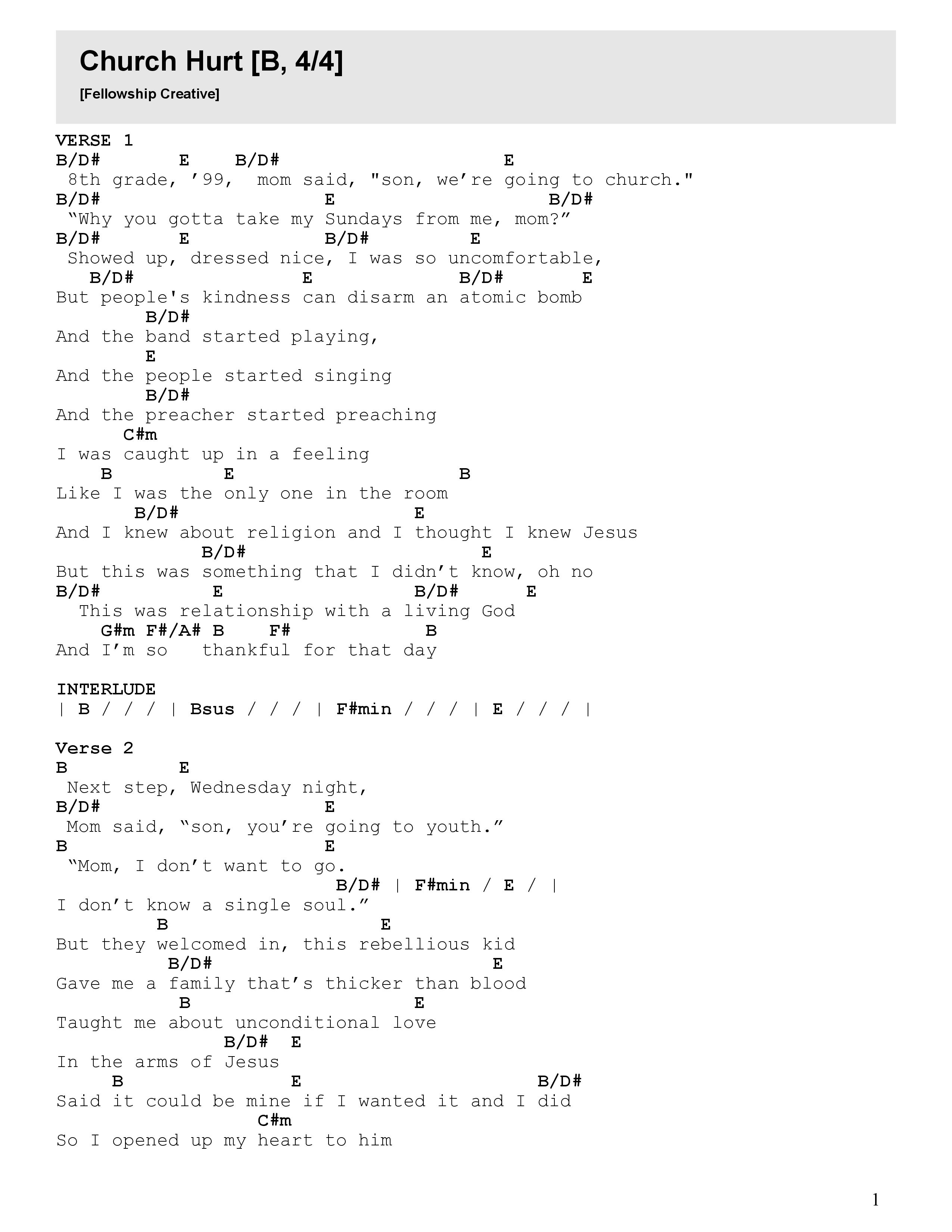Church Hurt (Holy Ground) Chord Chart (Fellowship Creative)