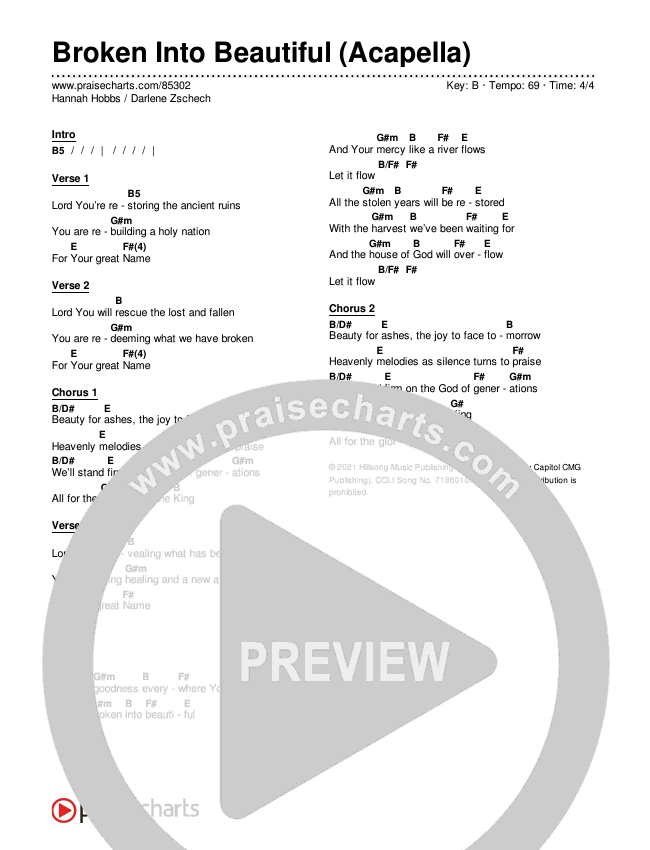 Broken Into Beautiful (Acapella) Chords & Lyrics (Hannah Hobbs / Darlene Zschech)