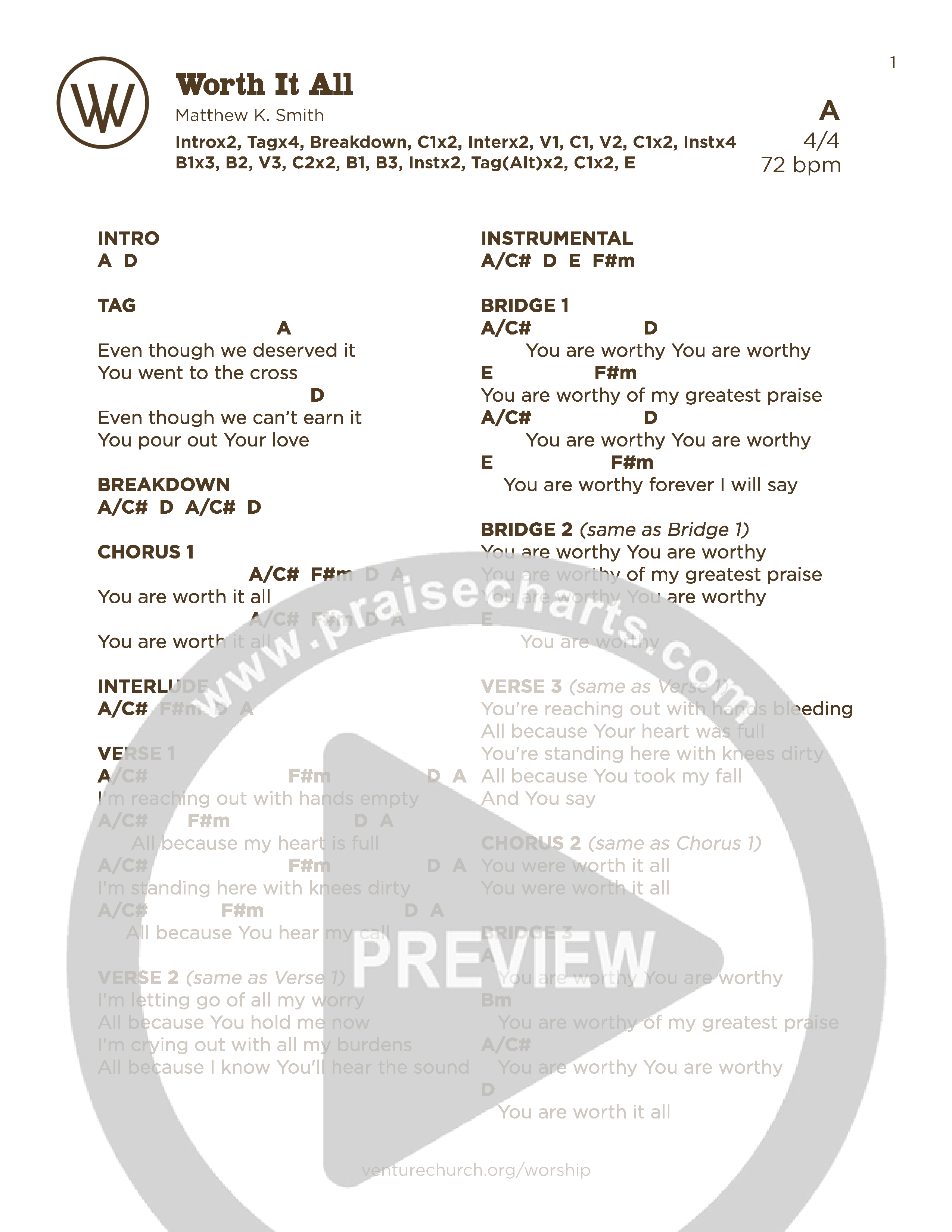 Worth It All (Live) Chord Chart (Venture Worship)