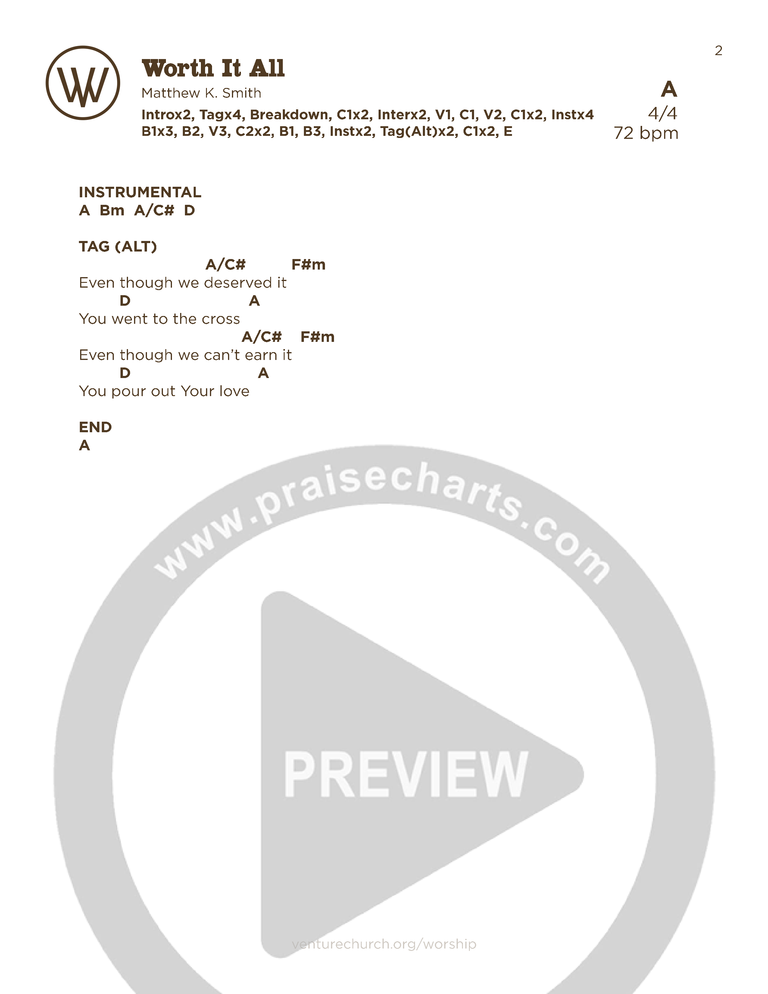 Worth It All (Live) Chord Chart (Venture Worship)