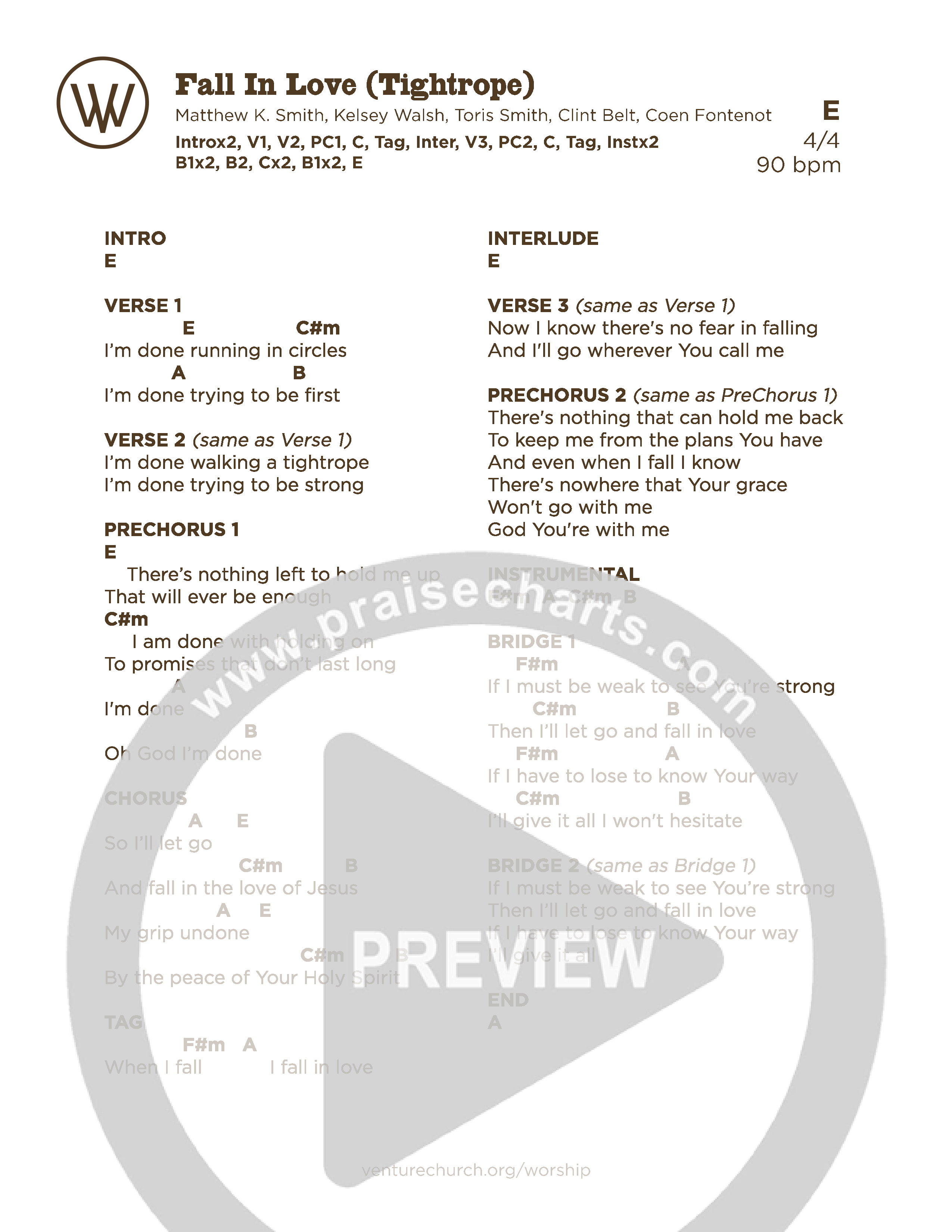 Fall In Love (Tightrope) (Live) Chord Chart (Venture Worship)