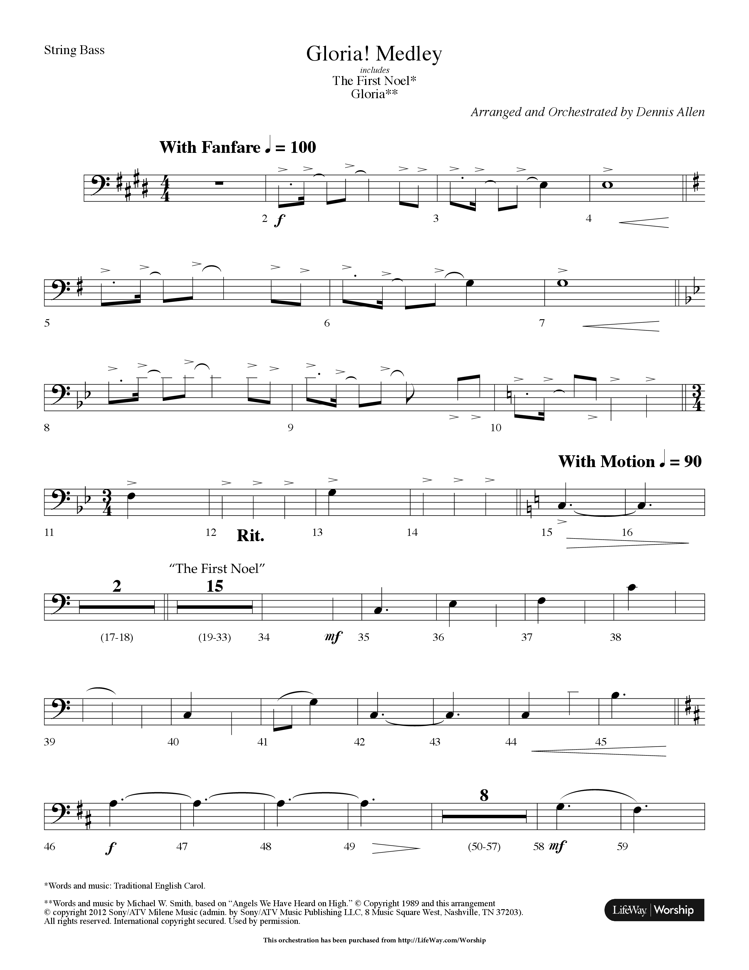 Gloria Medley (with The First Noel and Gloria) (Choral Anthem SATB) String Bass (Lifeway Choral / Arr. Dennis Allen)