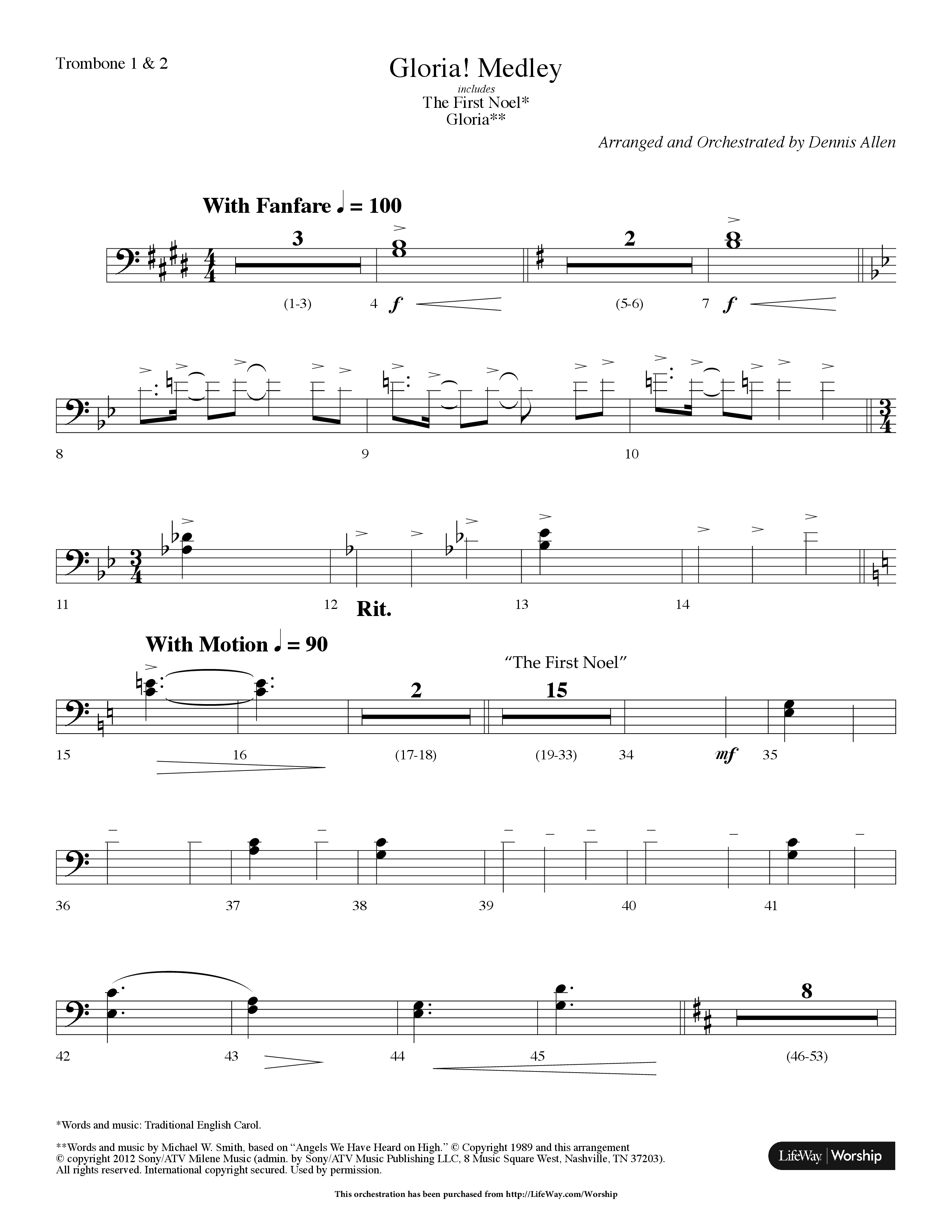 Gloria Medley (with The First Noel and Gloria) (Choral Anthem SATB) Trombone 1/2 (Lifeway Choral / Arr. Dennis Allen)