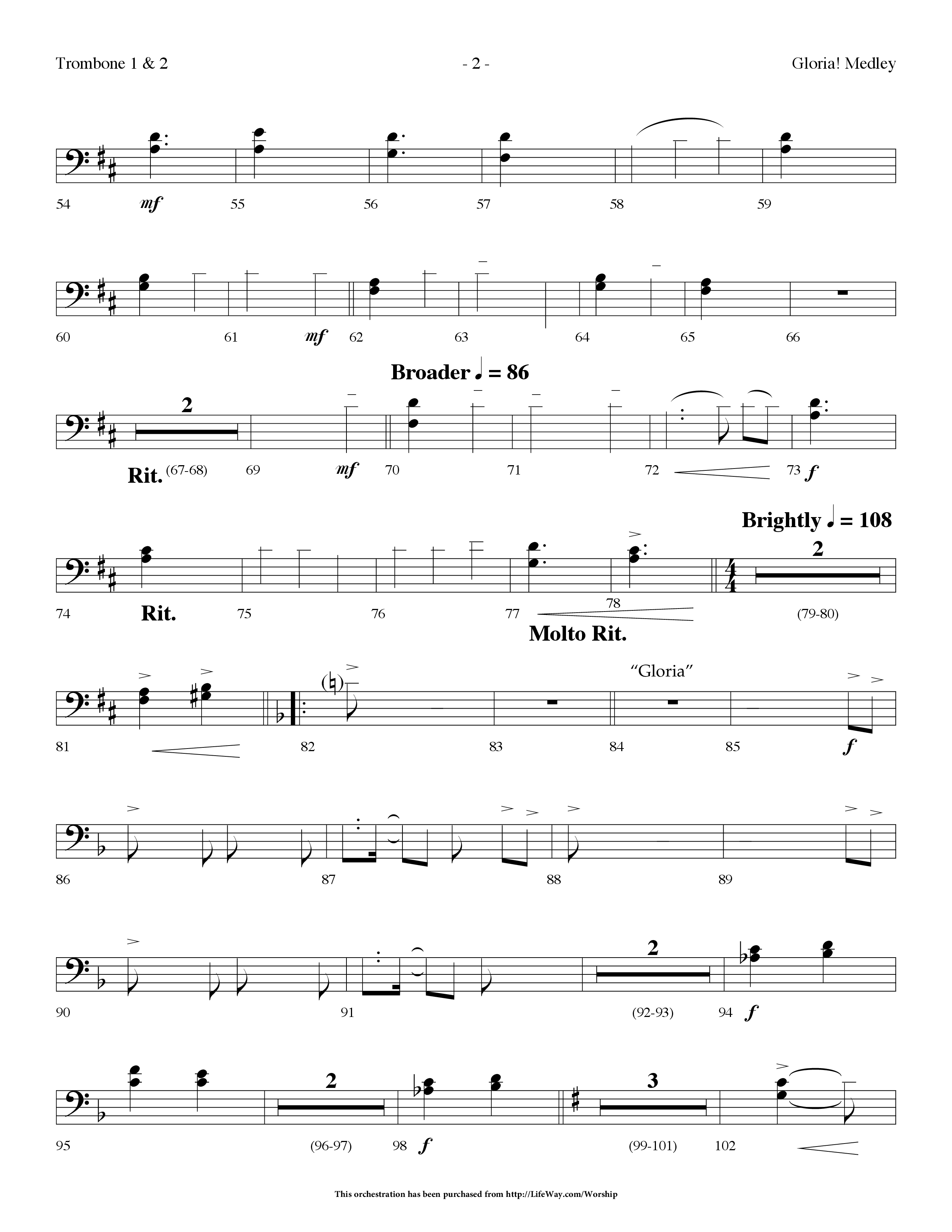 Gloria Medley (with The First Noel and Gloria) (Choral Anthem SATB) Trombone 1/2 (Lifeway Choral / Arr. Dennis Allen)