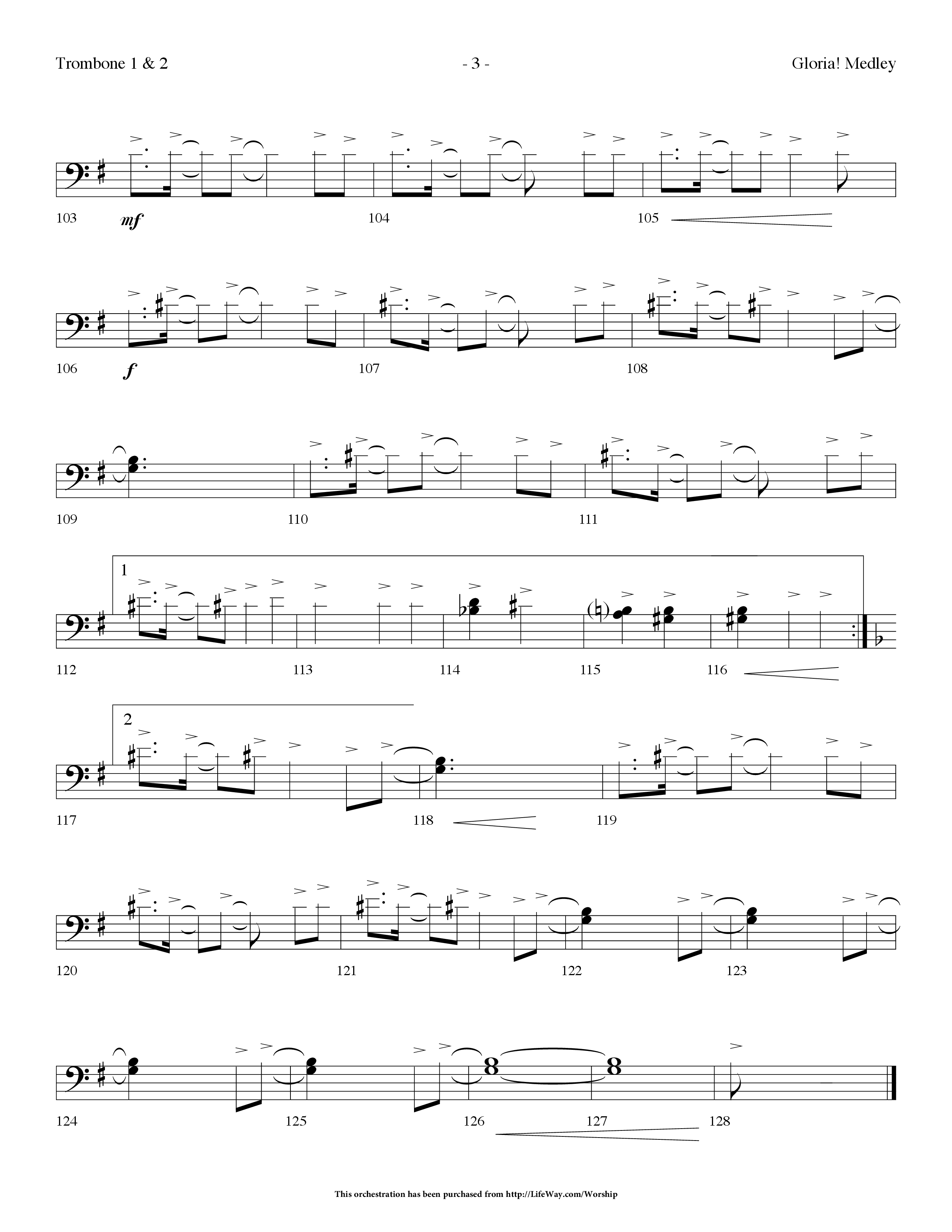 Gloria Medley (with The First Noel and Gloria) (Choral Anthem SATB) Trombone 1/2 (Lifeway Choral / Arr. Dennis Allen)