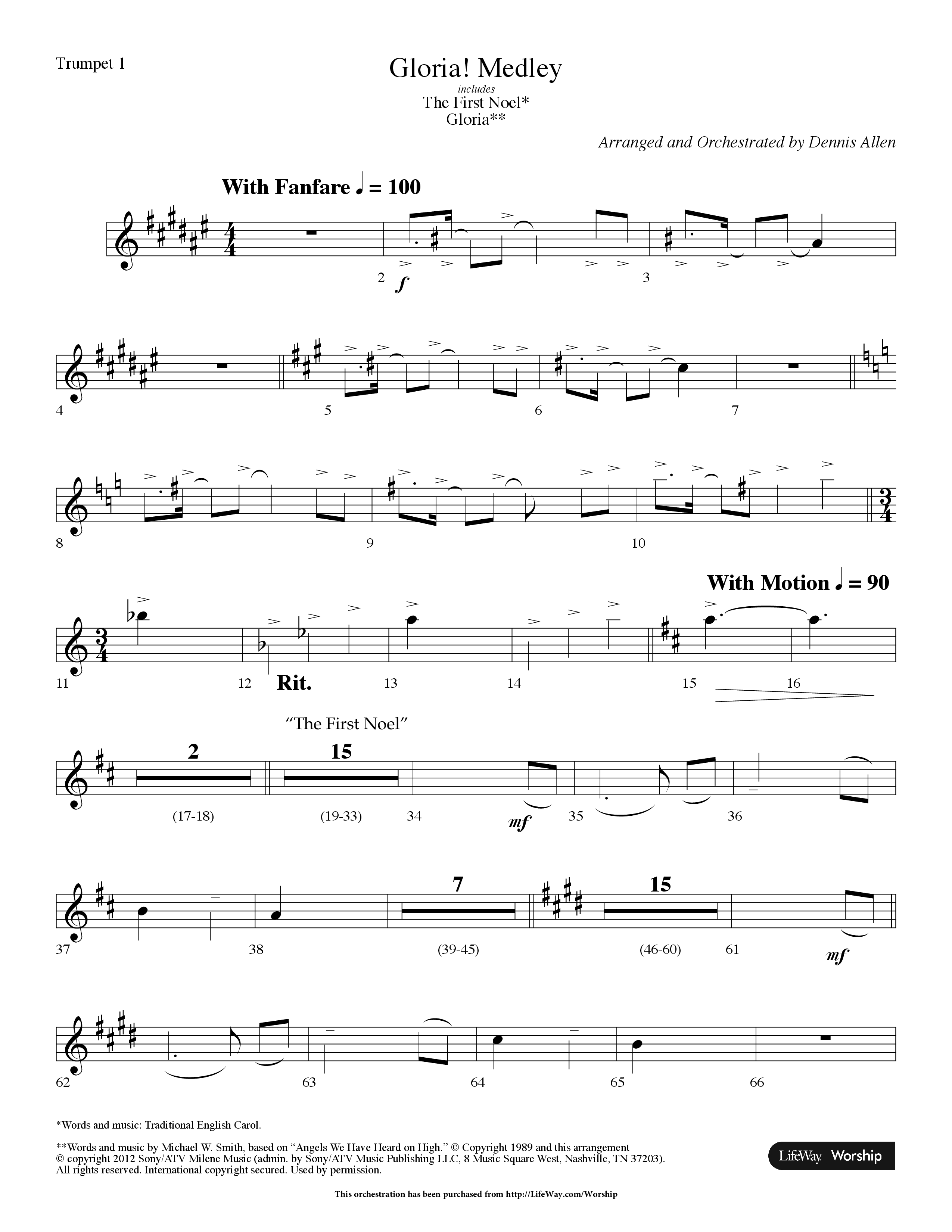 Gloria Medley (with The First Noel and Gloria) (Choral Anthem SATB) Trumpet 1 (Lifeway Choral / Arr. Dennis Allen)