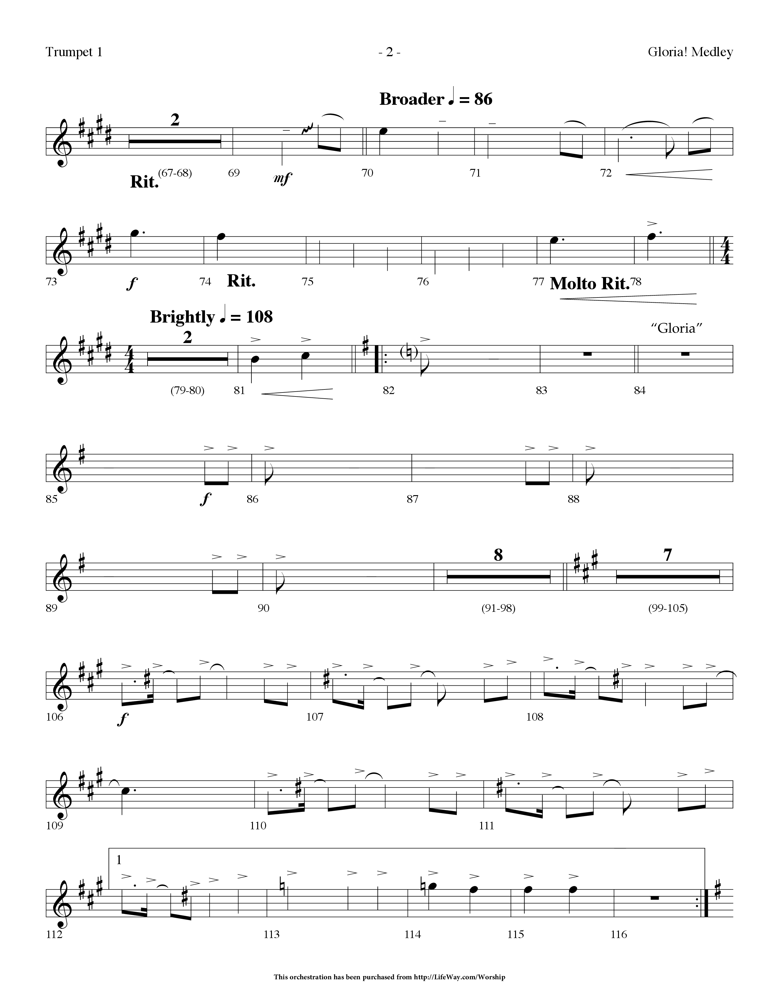 Gloria Medley (with The First Noel and Gloria) (Choral Anthem SATB) Trumpet 1 (Lifeway Choral / Arr. Dennis Allen)