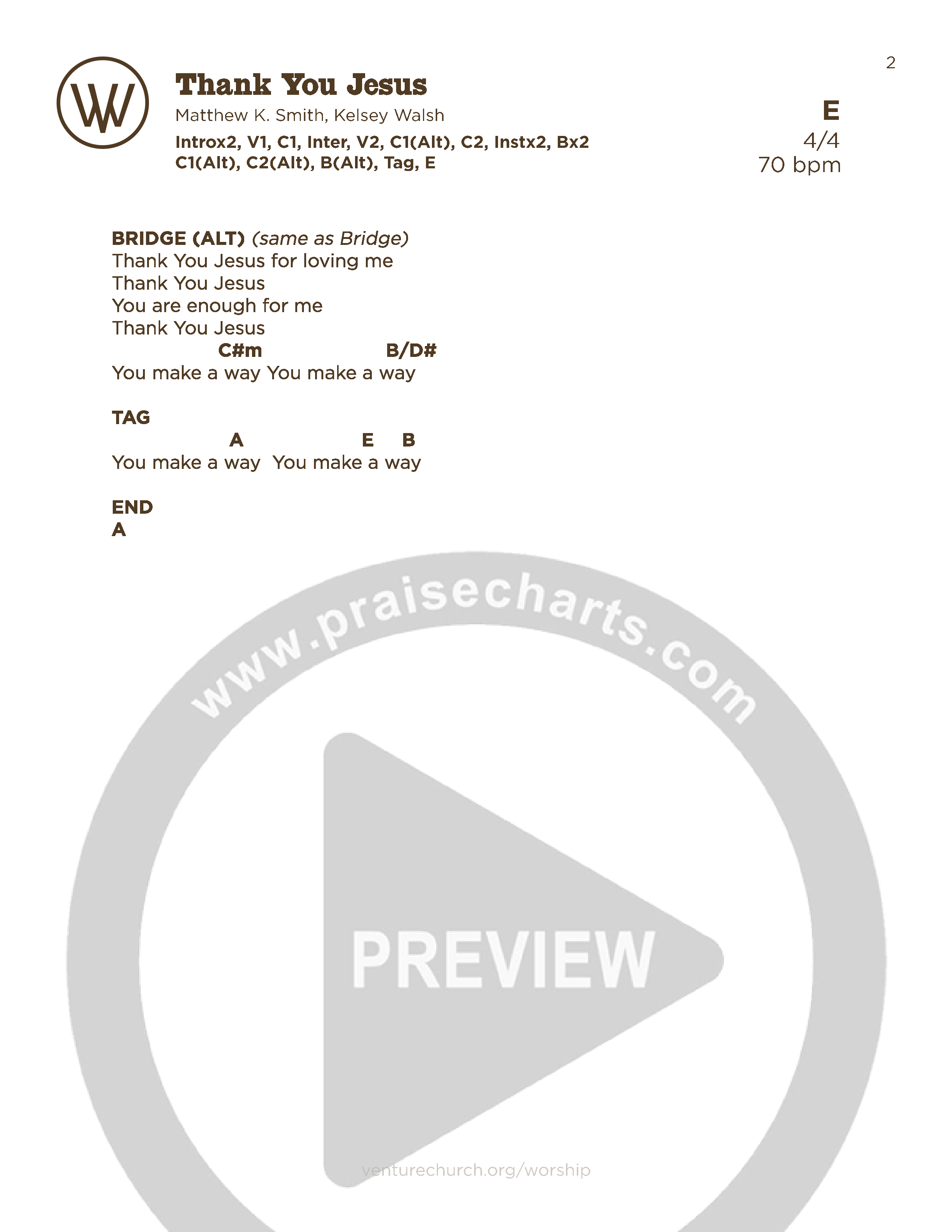 Thank You Jesus (Live) Chord Chart (Venture Worship)