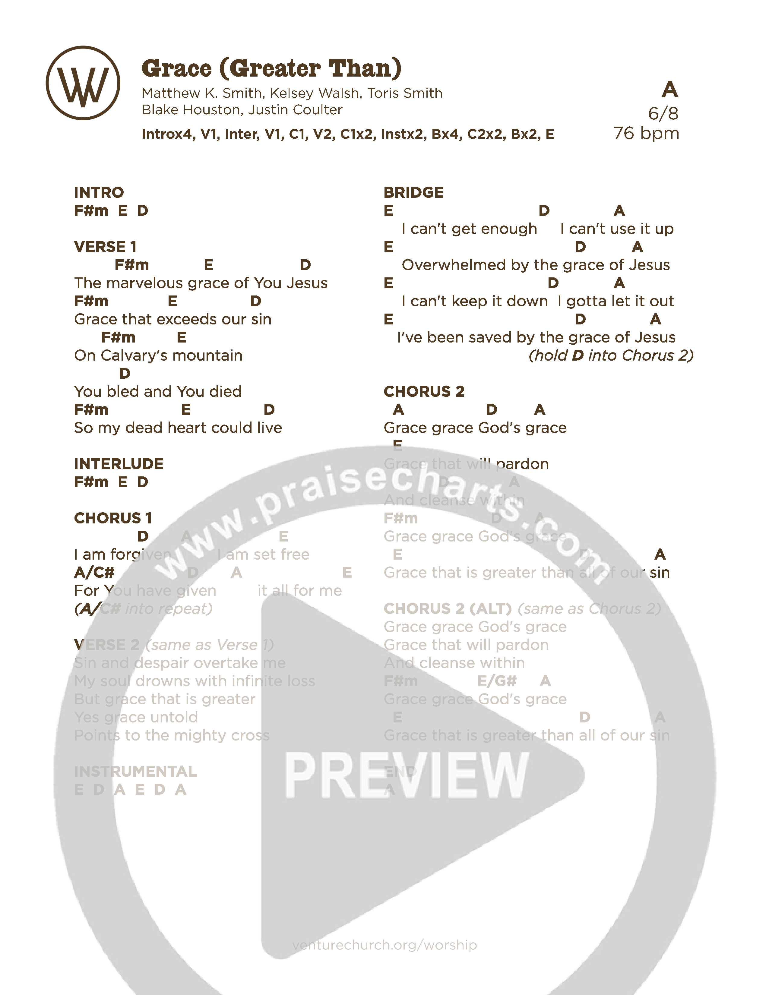 Grace (Greater Than) (Live) Chord Chart (Venture Worship)