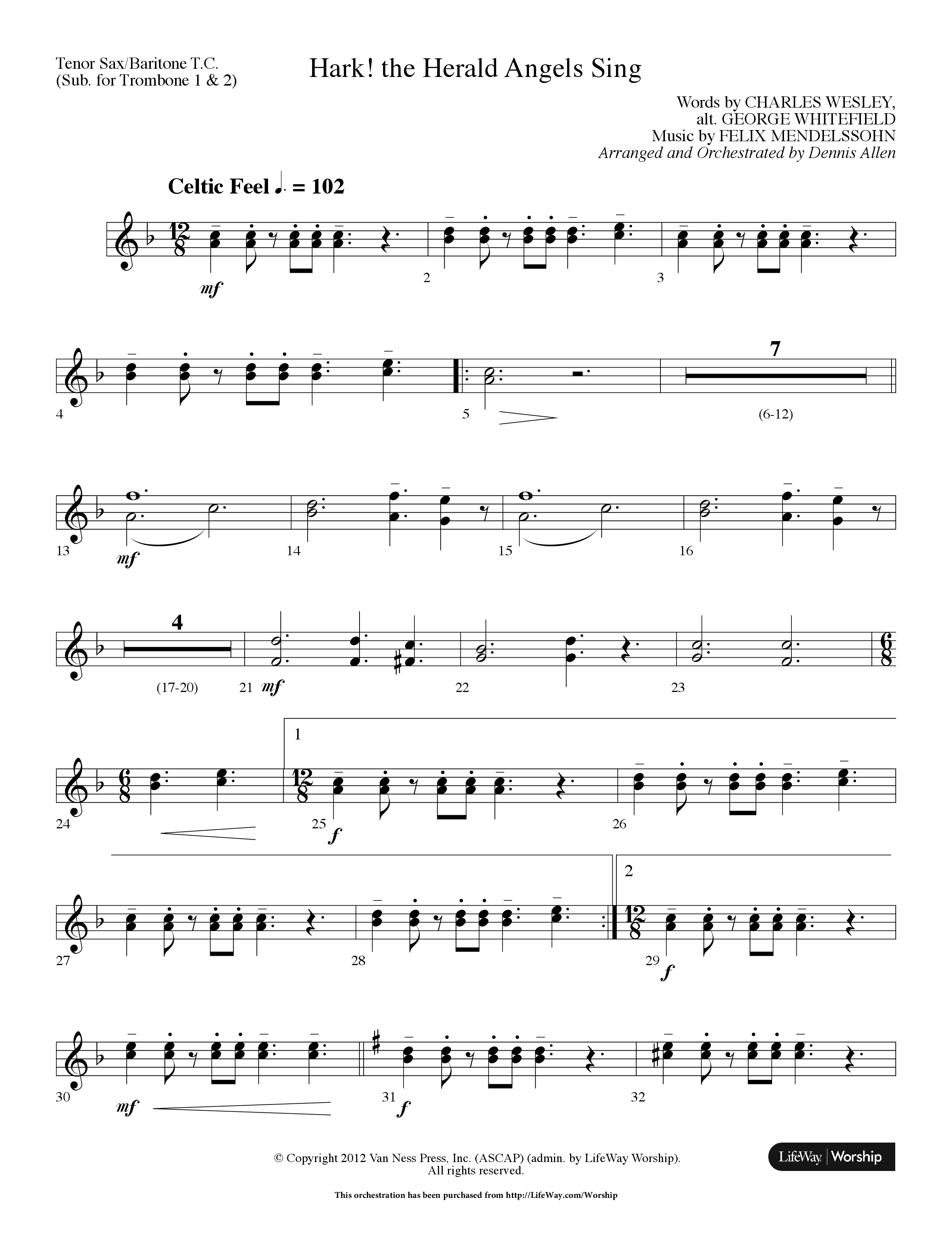 Hark The Herald Angels Sing (Choral Anthem SATB) Tenor Sax/Baritone T.C. (Lifeway Choral / Arr. Dennis Allen)
