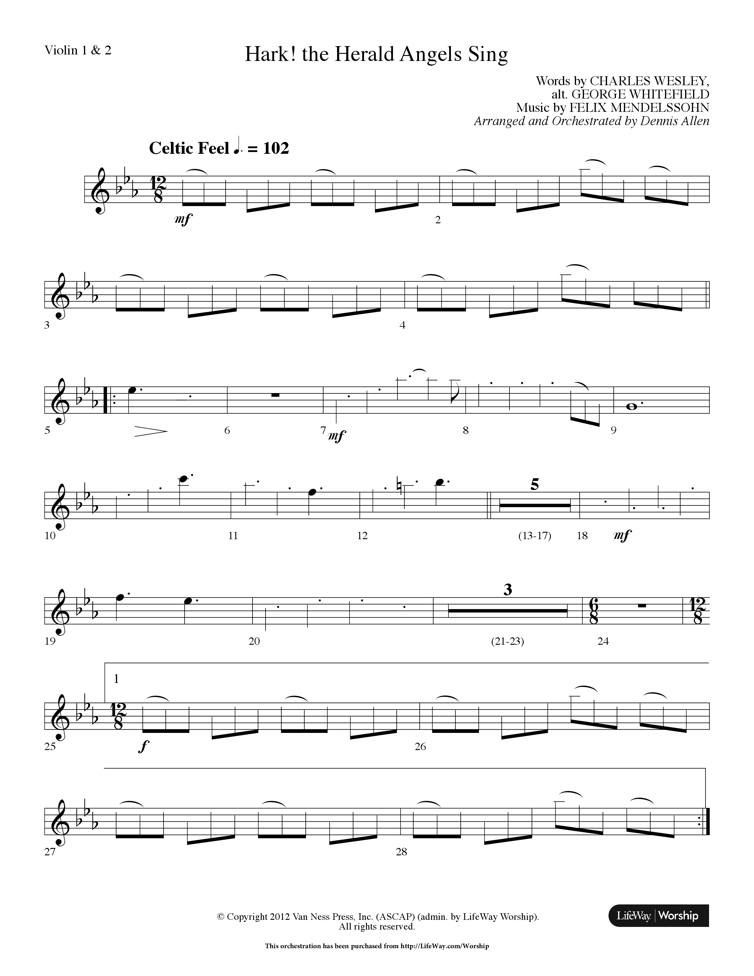 Hark The Herald Angels Sing (Choral Anthem SATB) Violin 1/2 (Lifeway Choral / Arr. Dennis Allen)