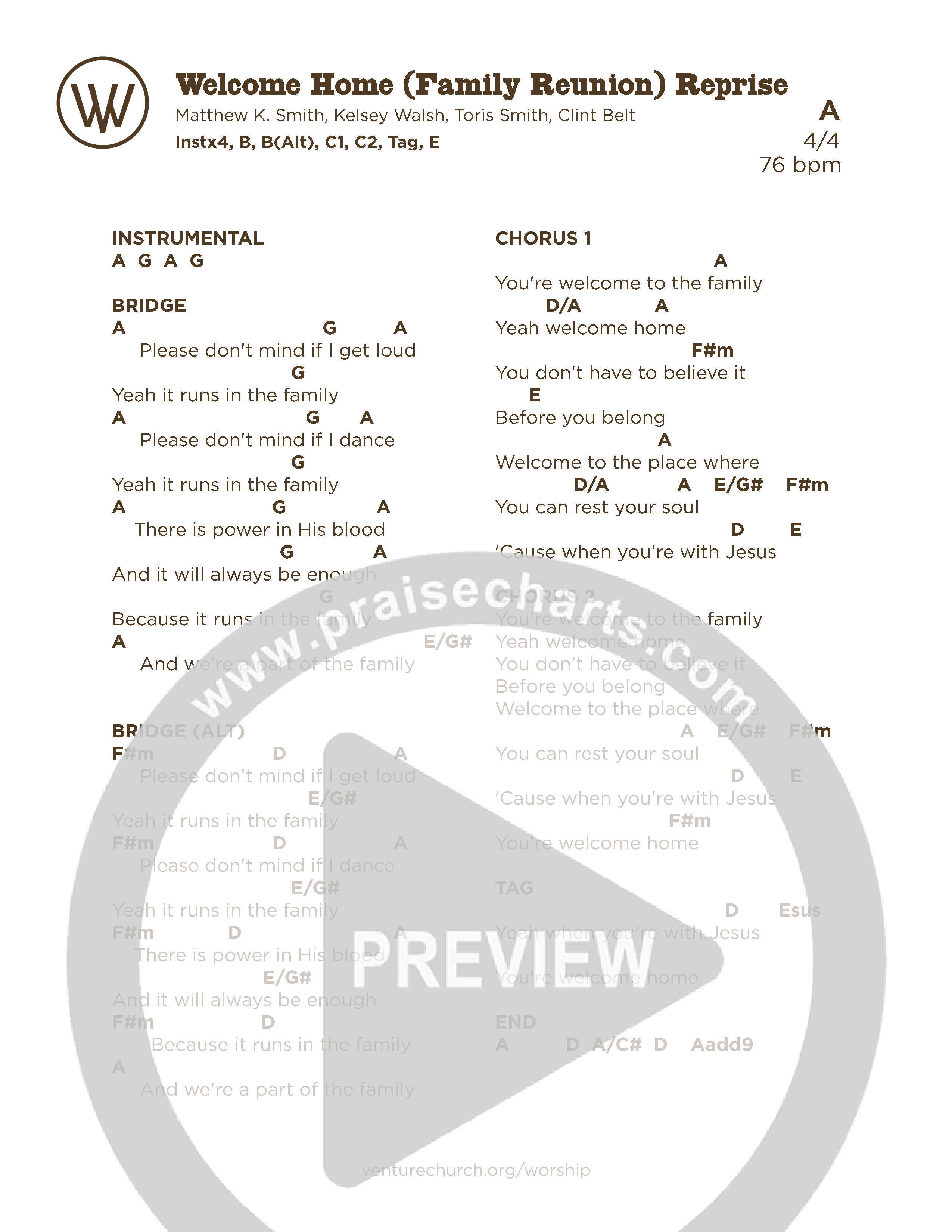 Welcome Home (Reprise) (Live) Chord Chart (Venture Worship)