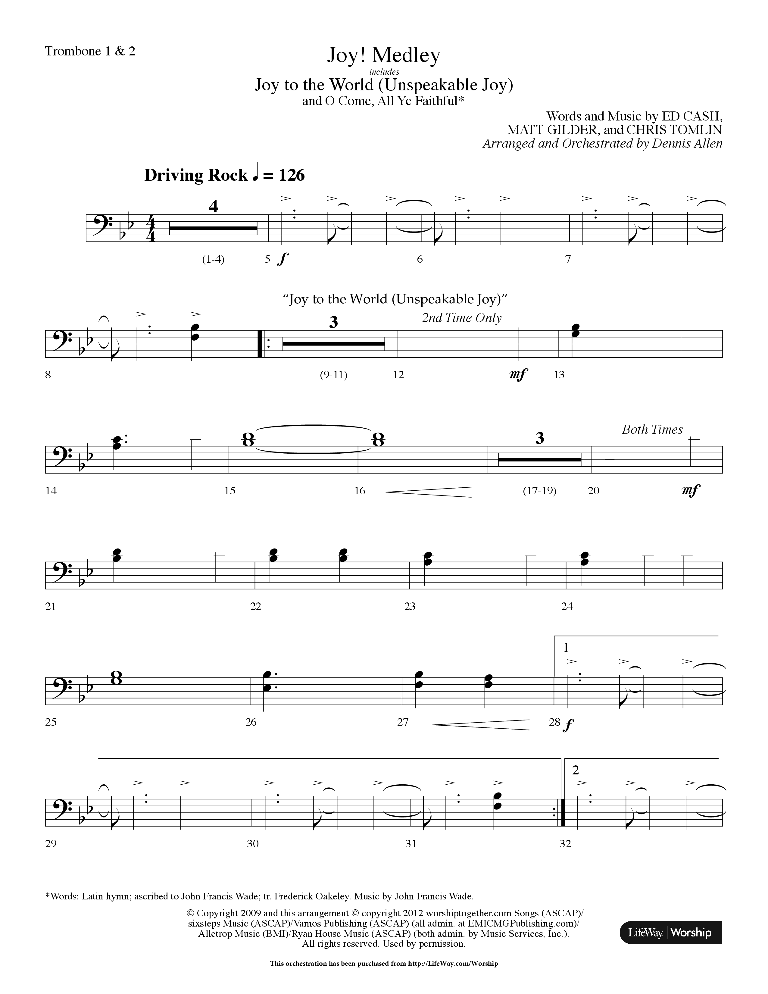 Joy Medley (with Joy To The World (Unspeakable Joy), O Come All Ye Faithful) (Choral Anthem SATB) Trombone 1/2 (Lifeway Choral / Arr. Dennis Allen)