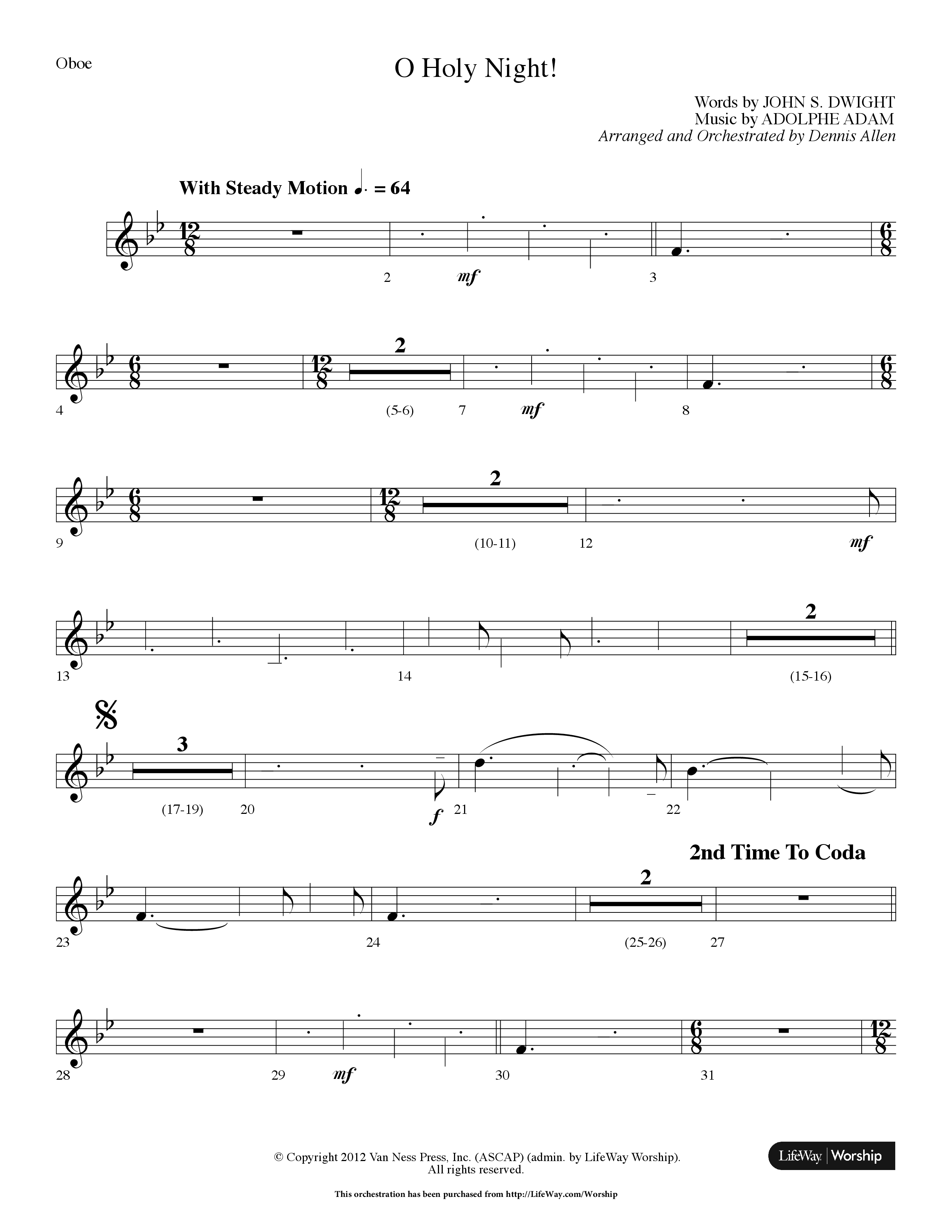 O Holy Night (Choral Anthem SATB) Oboe (Lifeway Choral / Arr. Dennis Allen)