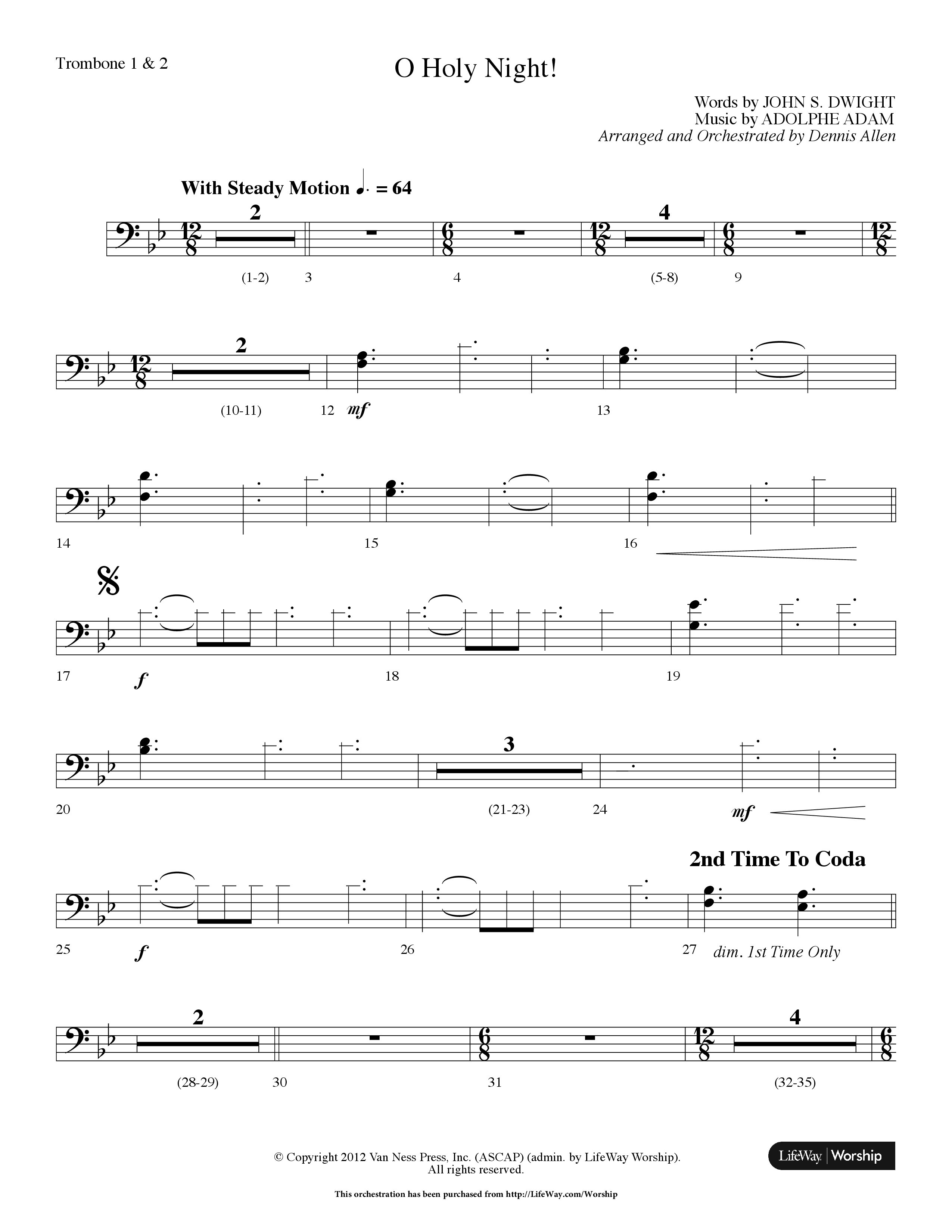 O Holy Night (Choral Anthem SATB) Trombone 1/2 (Lifeway Choral / Arr. Dennis Allen)